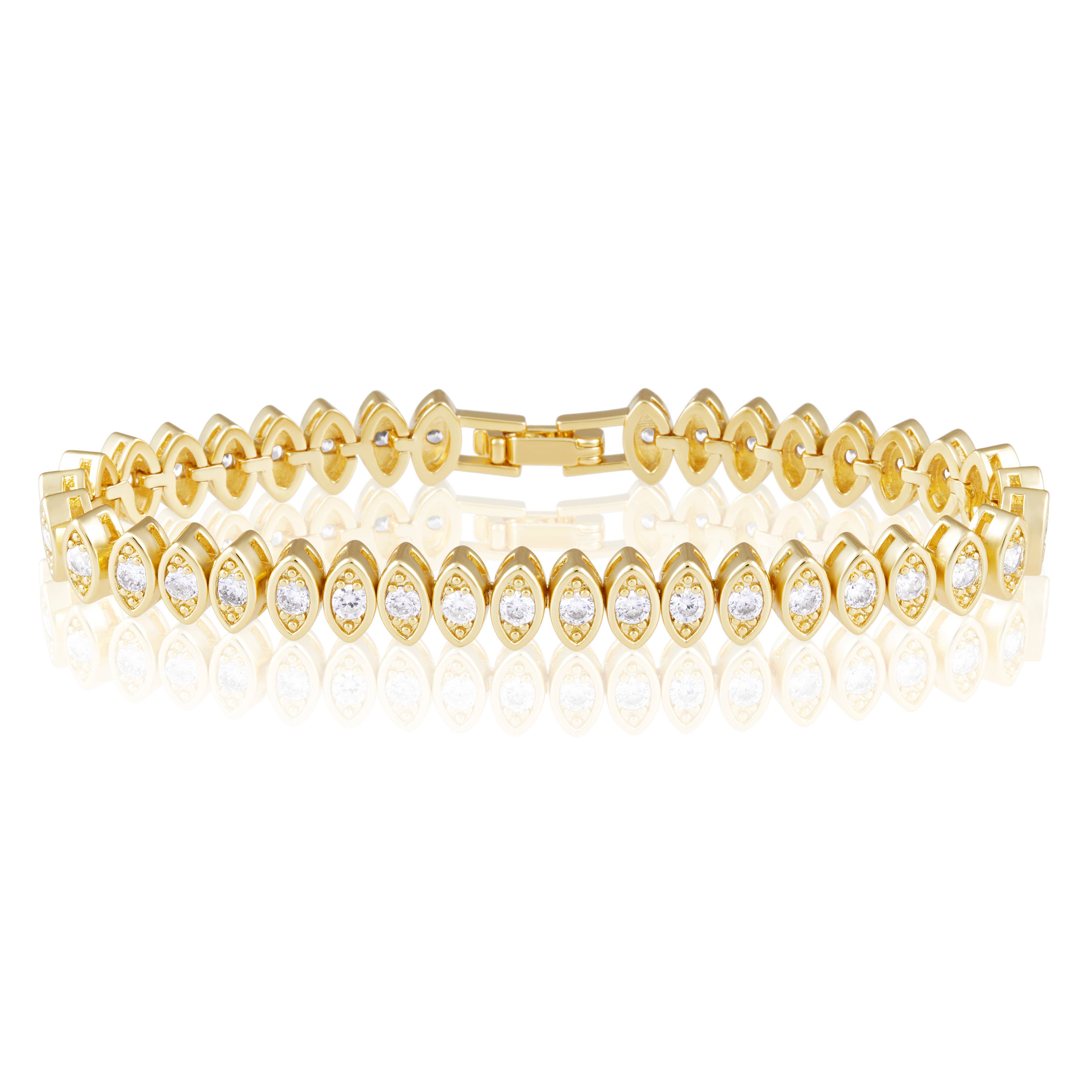 Bold tennis bracelet featuring a full line of sparkling cubic zirconia stones set in sleek 18K gold-plated stainless steel. Hypoallergenic, water- and tarnish-resistant—this modern take on a classic design adds edgy elegance to any jewellery stack or solo statement.