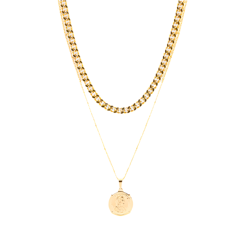 A gold-layered duo necklace with one fine chain and one thicker curb chain, both ending in a circular pendant on the bottom.