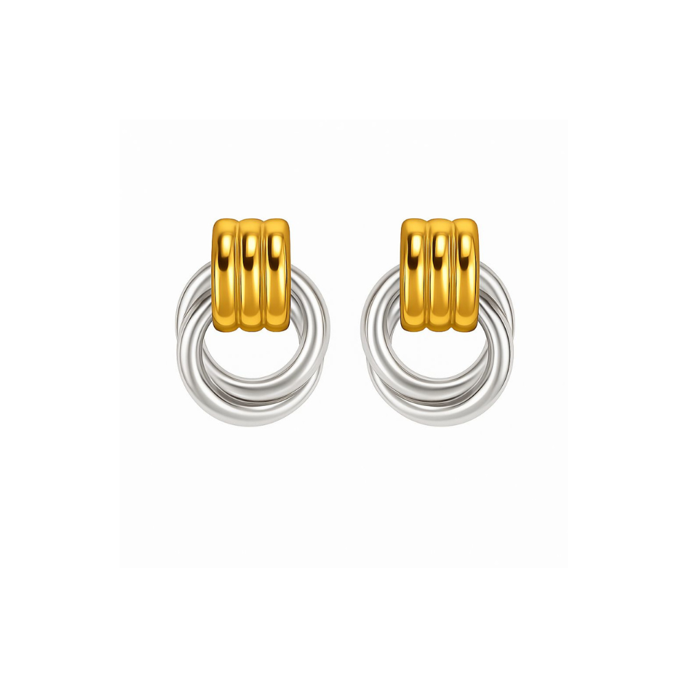 Timeless oval hoop earrings with a sleek two-tone design, crafted from 18K gold-plated stainless steel. Measuring 0.86 x 1.24 inches, these polished, tarnish-resistant earrings are hypoallergenic, water-resistant, and perfect for both casual and formal wear.