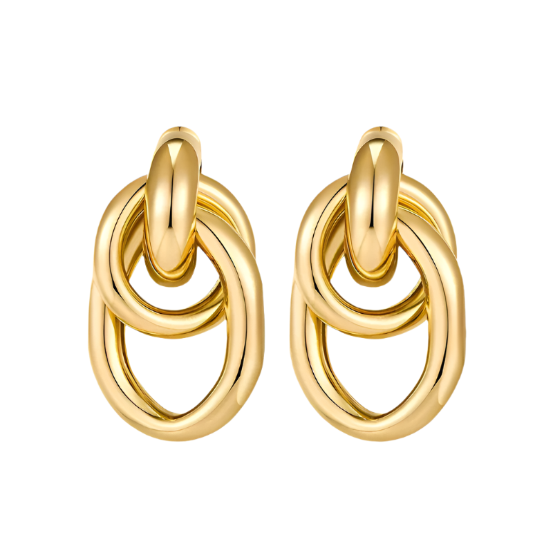 A pair of gold knot earrings with a hoop design.