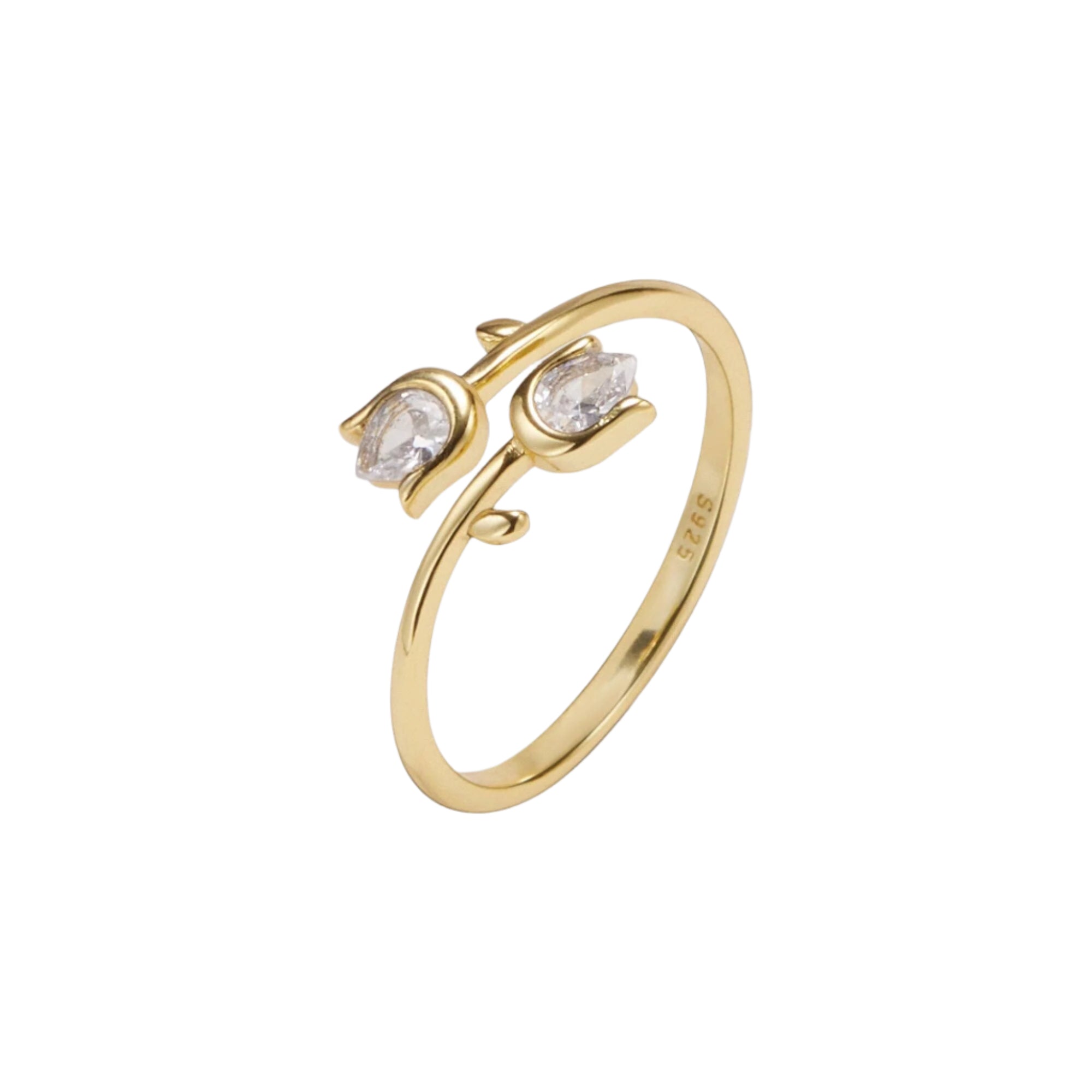 Elegant ring crafted from solid 925 sterling silver with premium gold plating, featuring a tulip-inspired silhouette accented with sparkling cubic zirconia. Hypoallergenic, water- and tarnish-resistant—perfect for adding a delicate statement of femininity and grace to any look.