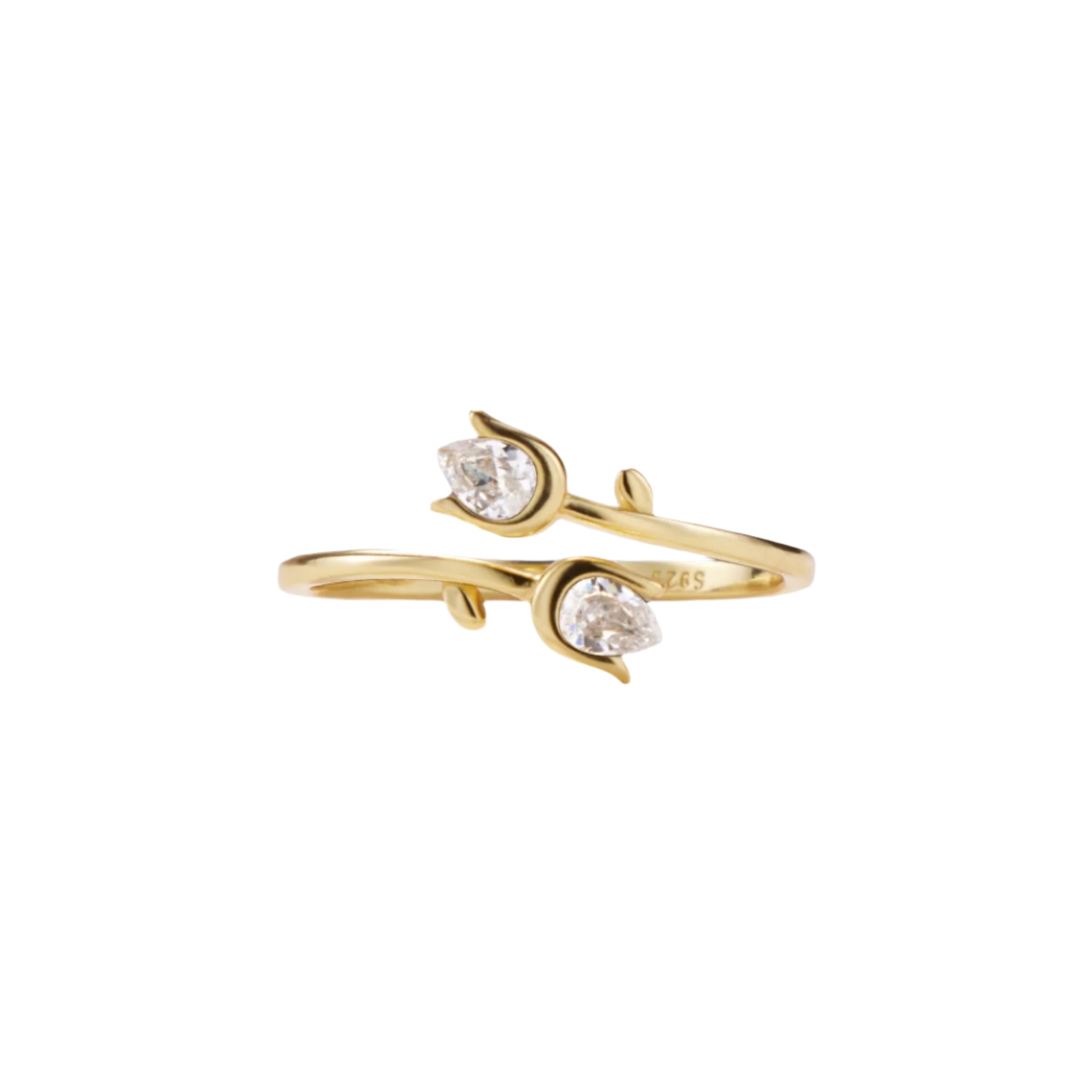 Elegant ring crafted from solid 925 sterling silver with premium gold plating, featuring a tulip-inspired silhouette accented with sparkling cubic zirconia. Hypoallergenic, water- and tarnish-resistant—perfect for adding a delicate statement of femininity and grace to any look.