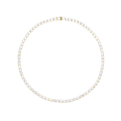 Tennis necklace crafted from a brass base with 18K gold or rhodium plating, featuring 3mm round-cut AAA cubic zirconia for brilliant sparkle. Hypoallergenic, water- and tarnish-resistant—perfect for layering or wearing solo to elevate any look with timeless elegance.