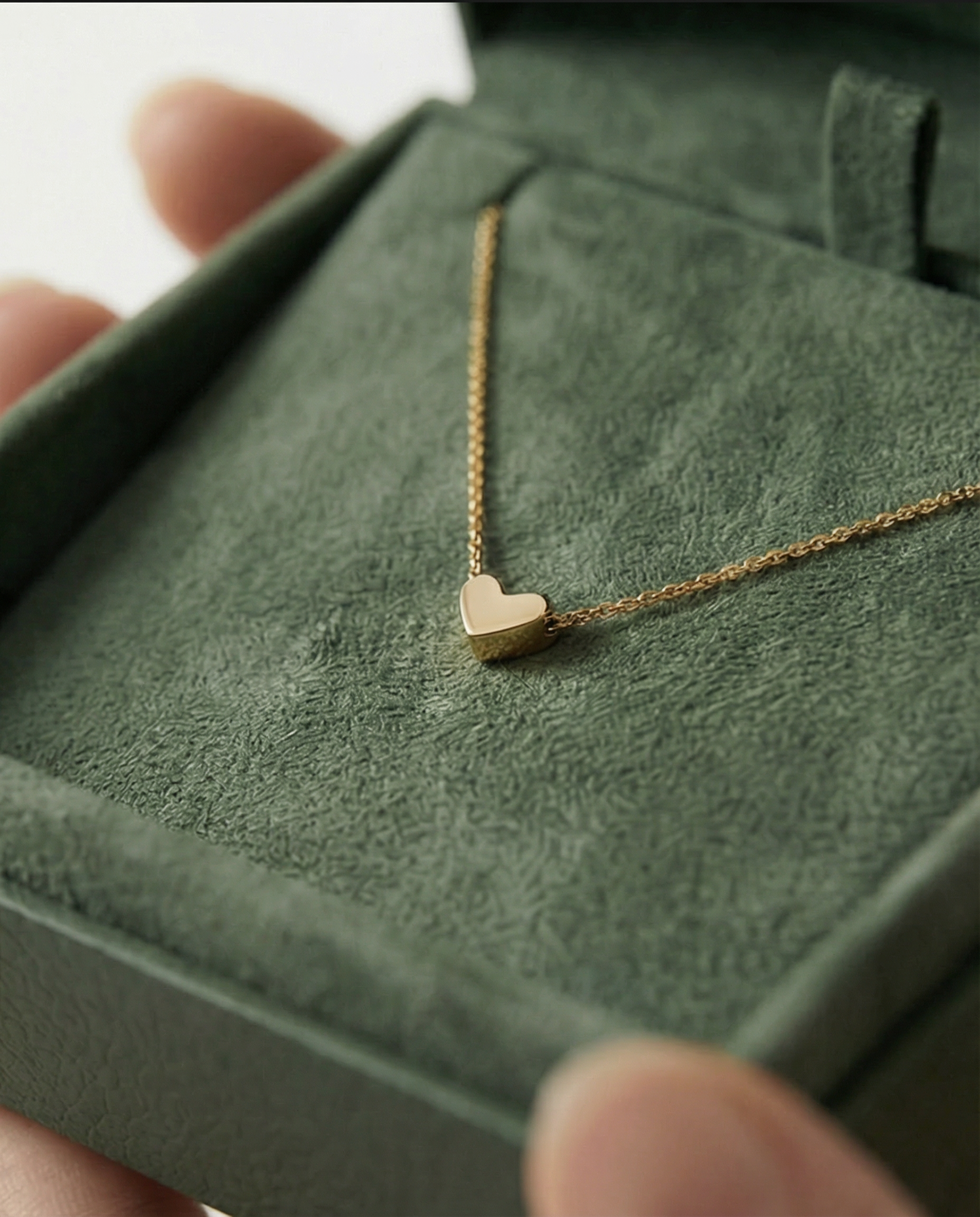 Gold heart necklace on a green jewelry box