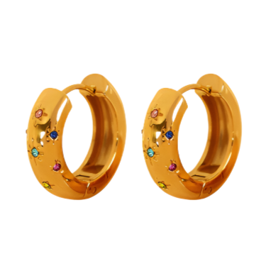 Chunky huggie hoop earrings crafted from 18K gold-plated stainless steel, featuring bold multi-coloured zircon inlay for vibrant sparkle. Hypoallergenic, water- and tarnish-resistant—perfect for adding a radiant pop of colour and trend-forward style to any look.