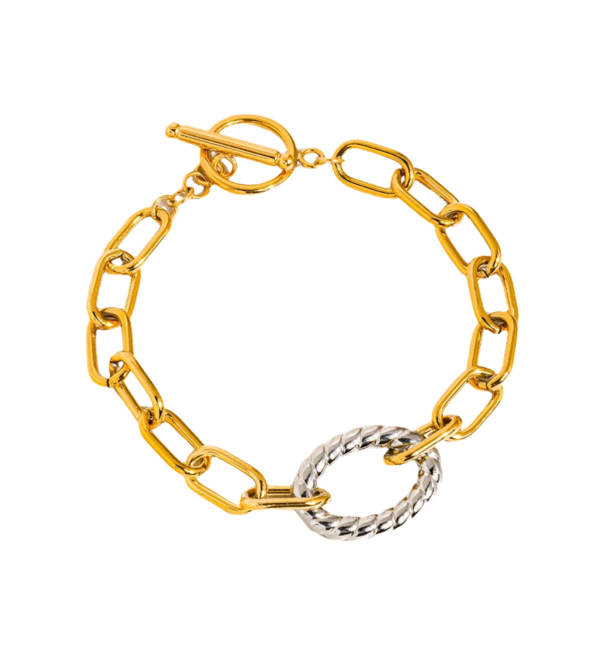 Chunky two-tone bracelet with bold gold and silver links and a high-shine finish. Features a 0.94-inch pendant on an 8.07-inch 18K gold-plated stainless steel chain. Hypoallergenic, water- and tarnish-resistant—a confident classic worn solo or stacked.