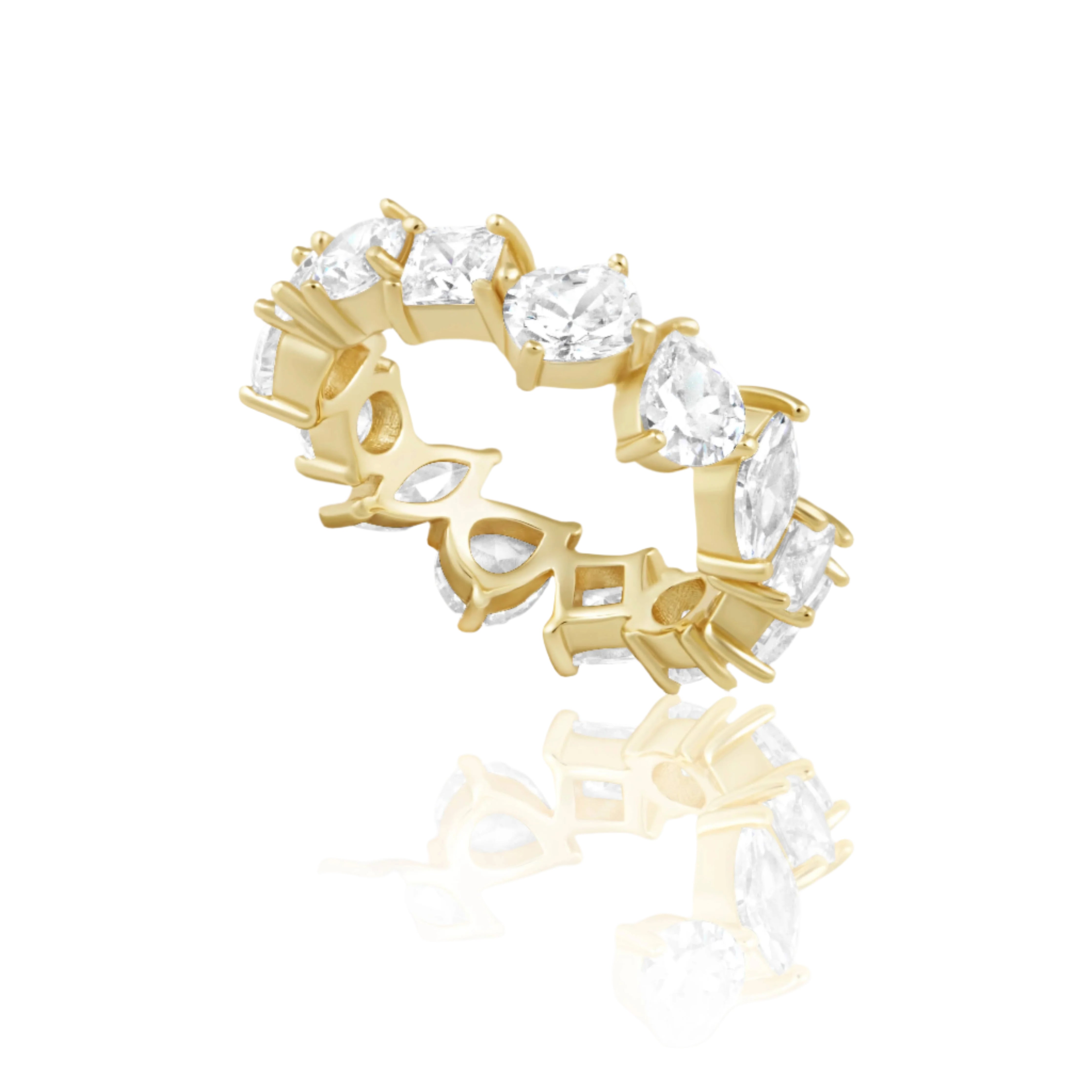 Cocktail ring featuring a dazzling mix of delicately shaped cubic zirconia stones designed to catch the light beautifully. Hypoallergenic, water- and tarnish-resistant—perfect for adding a touch of glamour to everyday looks or special occasions.