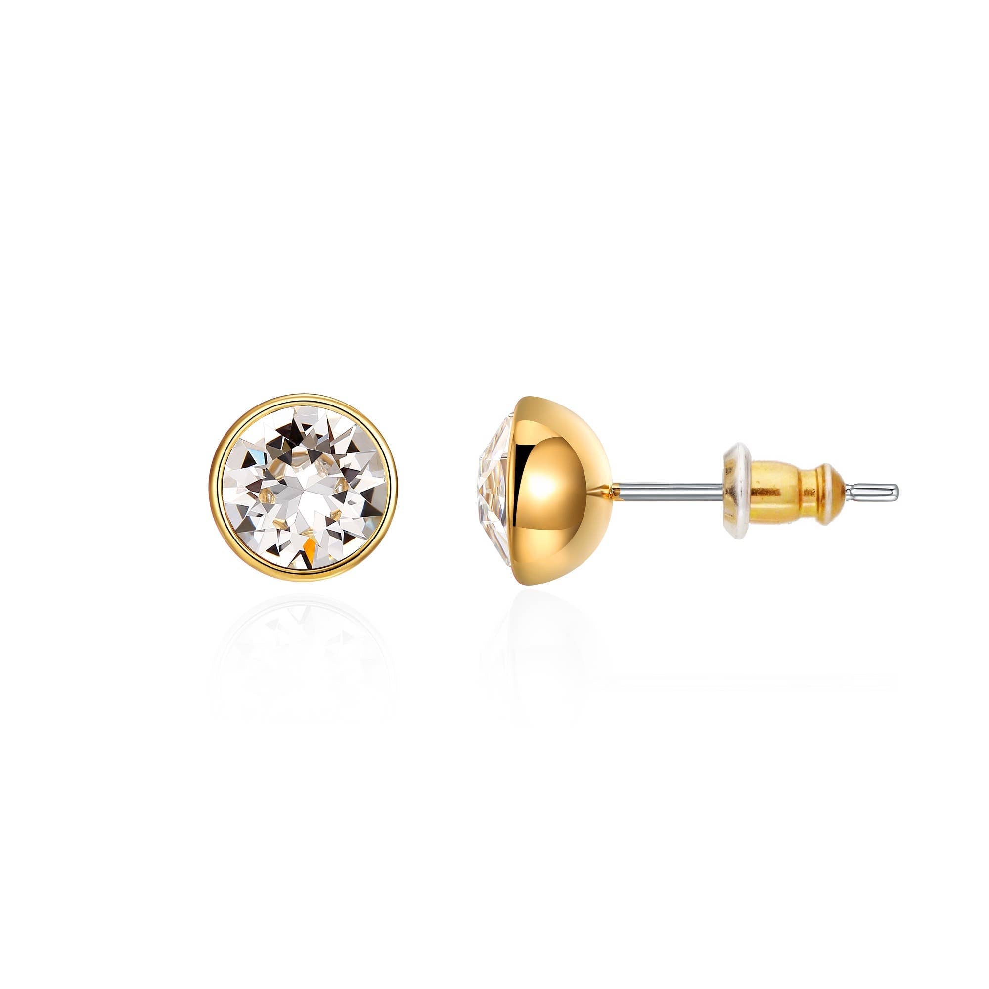 Elegant crystal stud earrings crafted from 18K gold-plated stainless steel, designed to add a radiant touch to any look. Featuring sparkling round-cut crystals, these hypoallergenic, water- and tarnish-resistant studs offer timeless simplicity—perfect for everyday wear, work, or bridal moments.