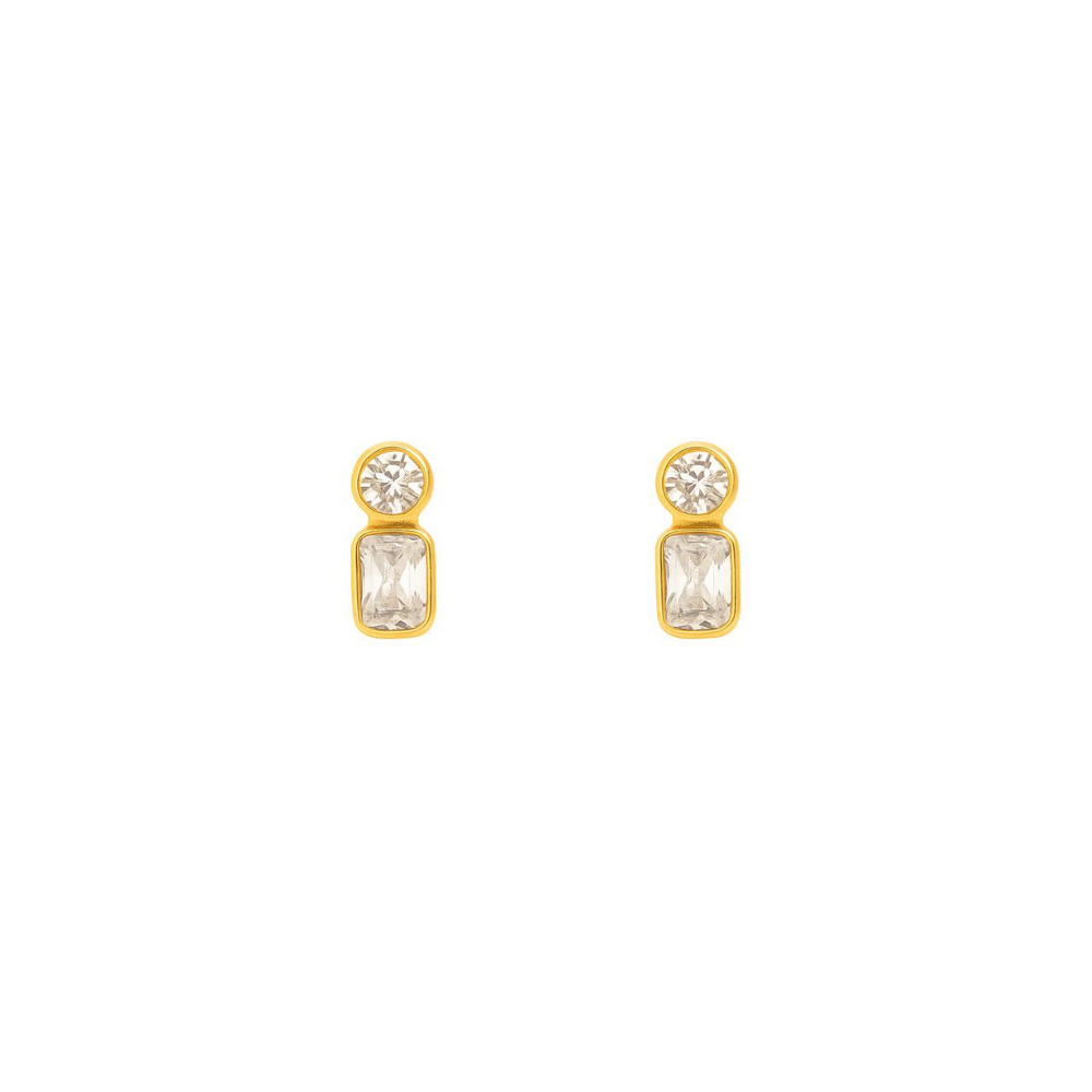 Dainty stud earrings featuring brilliant-cut cubic zirconia set in a polished 18K gold-plated stainless steel frame. Measuring 0.40 x 0.15 inches, these hypoallergenic, water- and tarnish-resistant studs offer minimalist sparkle—ideal solo or stacked.