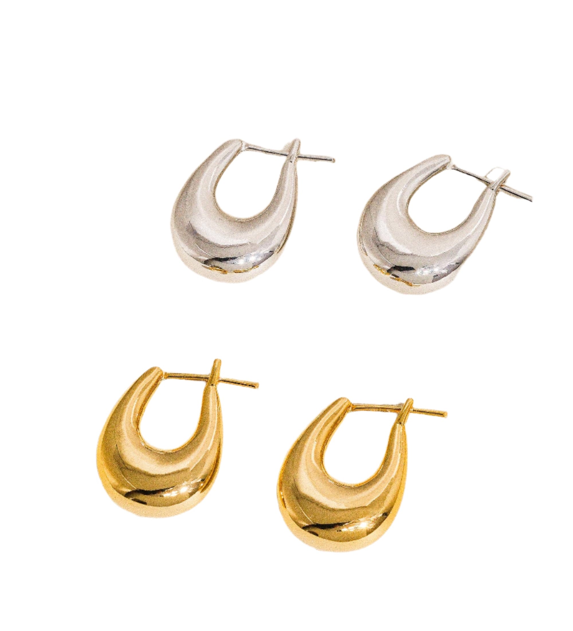 Gold droplet hoop earrings with a gently curved silhouette and smooth, polished finish. Crafted from 18K gold-plated brass, measuring 1 x 0.7 inches. Hypoallergenic, water- and tarnish-resistant—ideal for effortless everyday elegance.
