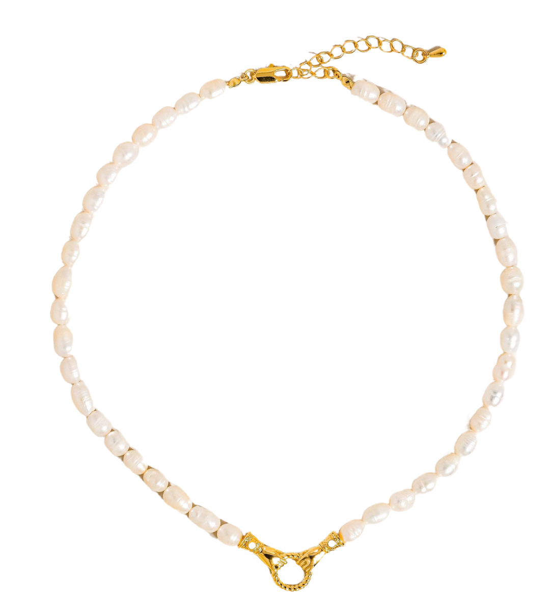 Elegant necklace crafted from a brass base with premium 18K gold plating, featuring a natural freshwater pearl delicately nested within a polished circular hoop pendant. Hypoallergenic, water- and tarnish-resistant—perfect for adding timeless elegance and symbolic connection to any look