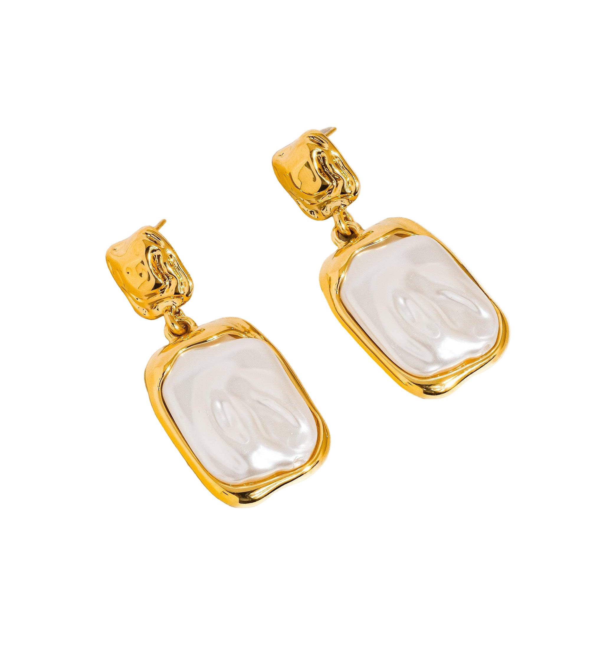 Elegant square drop earrings featuring lustrous faux pearls framed in 18K gold-plated stainless steel. Measuring 1.81 x 0.81 inches, these non-tarnish, hypoallergenic earrings add modern sophistication to any look.