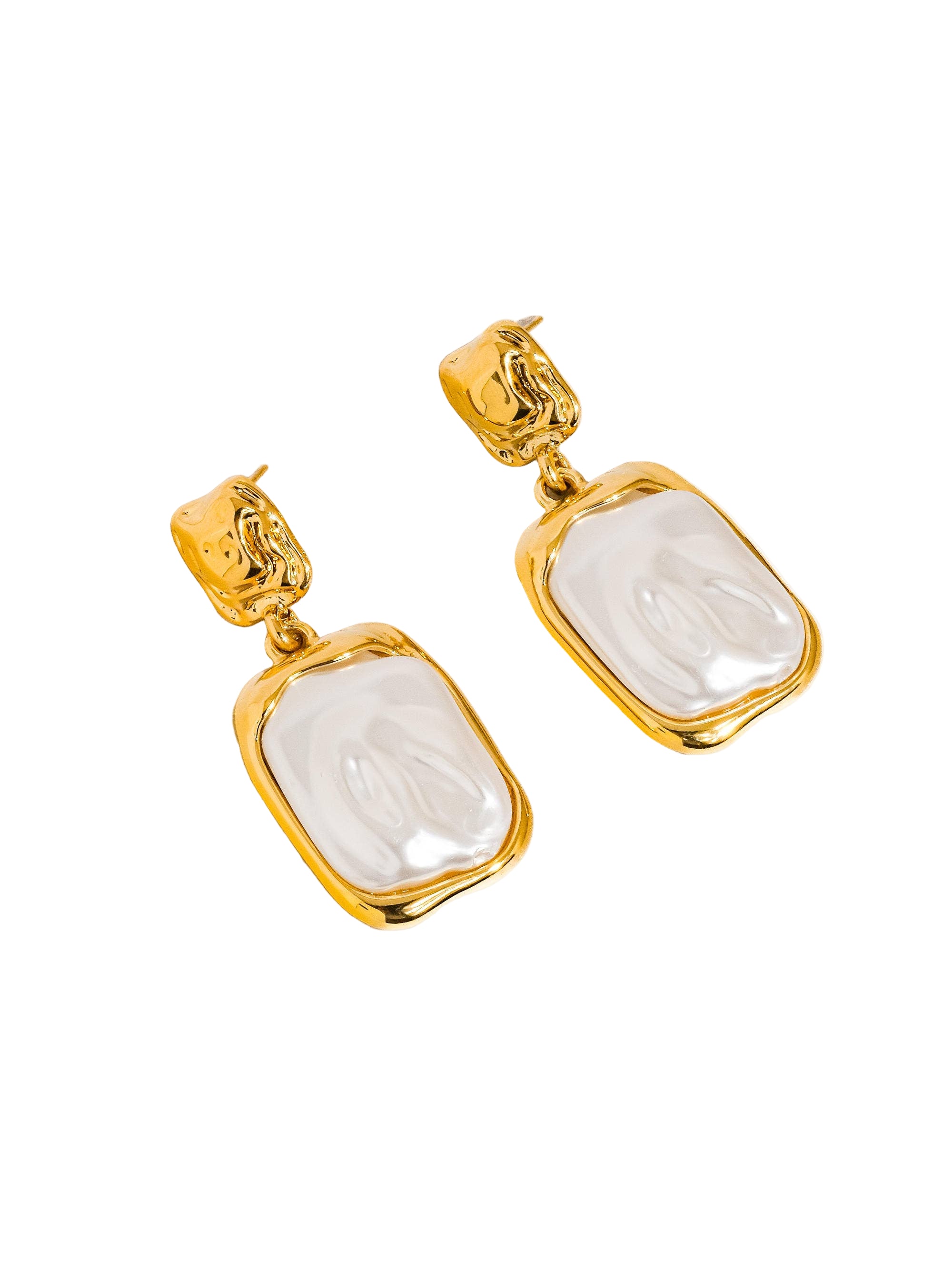 Elegant square drop earrings featuring lustrous faux pearls framed in 18K gold-plated stainless steel. Measuring 1.81 x 0.81 inches, these non-tarnish, hypoallergenic earrings add modern sophistication to any look.