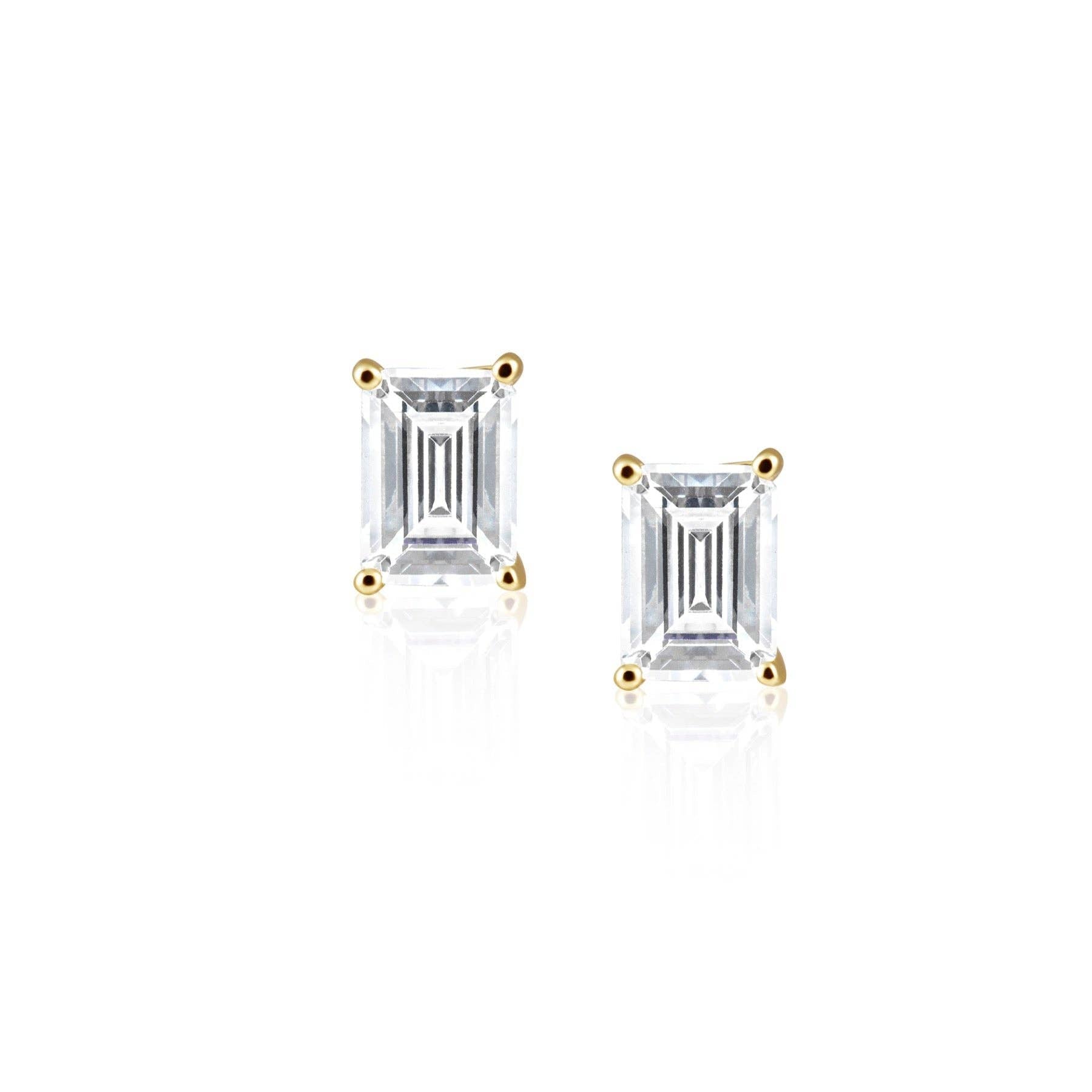 Classic stud earrings featuring emerald-cut cubic zirconia stones set in 18K gold-plated sterling silver. Radiant and refined, these hypoallergenic, water- and tarnish-resistant studs offer face-brightening sparkle—perfect for everyday elegance or special occasions.