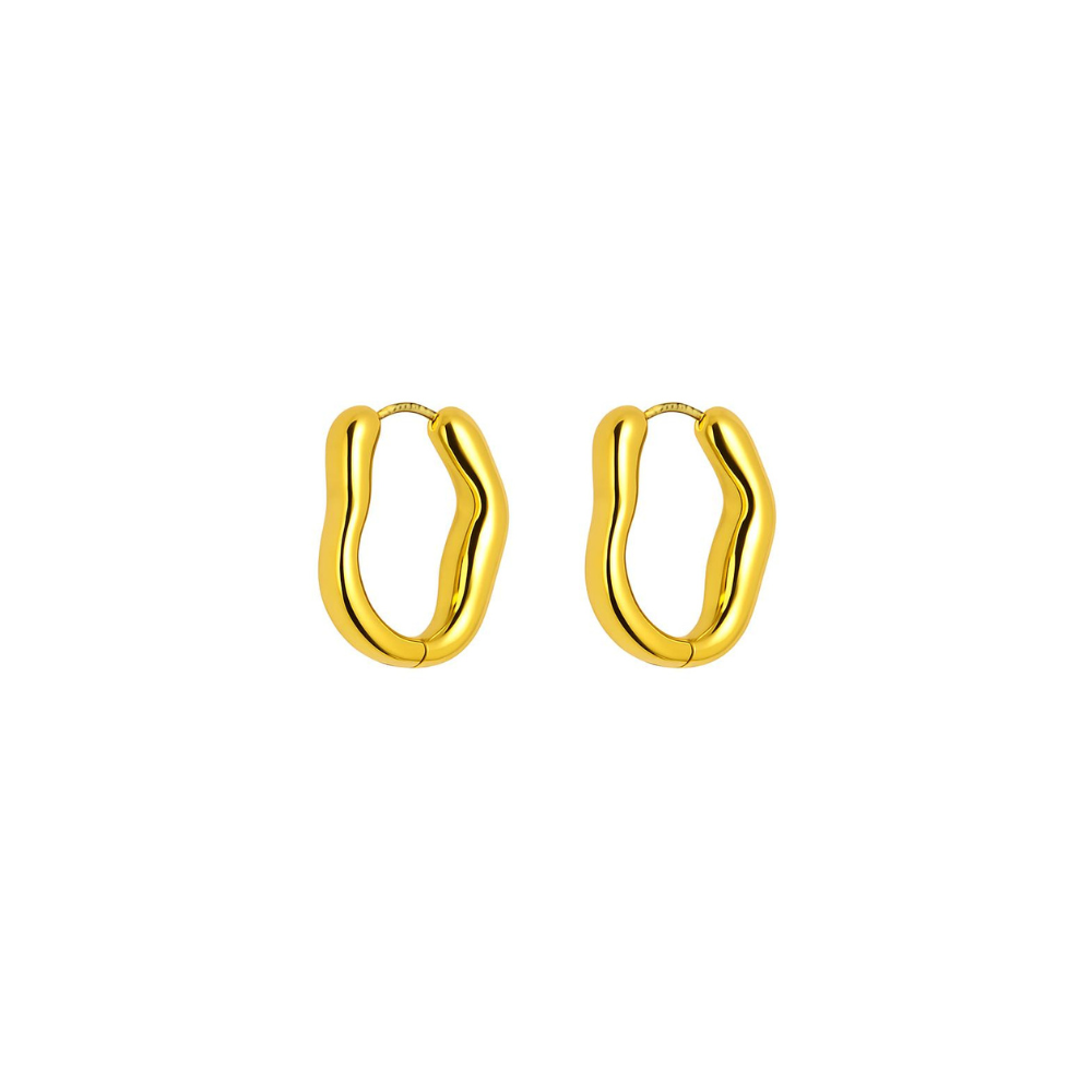 Modern oval hoop earrings crafted from stainless steel with premium 18K gold plating, featuring a timeless silhouette with a contemporary twist. Hypoallergenic, water- and tarnish-resistant—perfect for everyday sophistication and effortless styling.