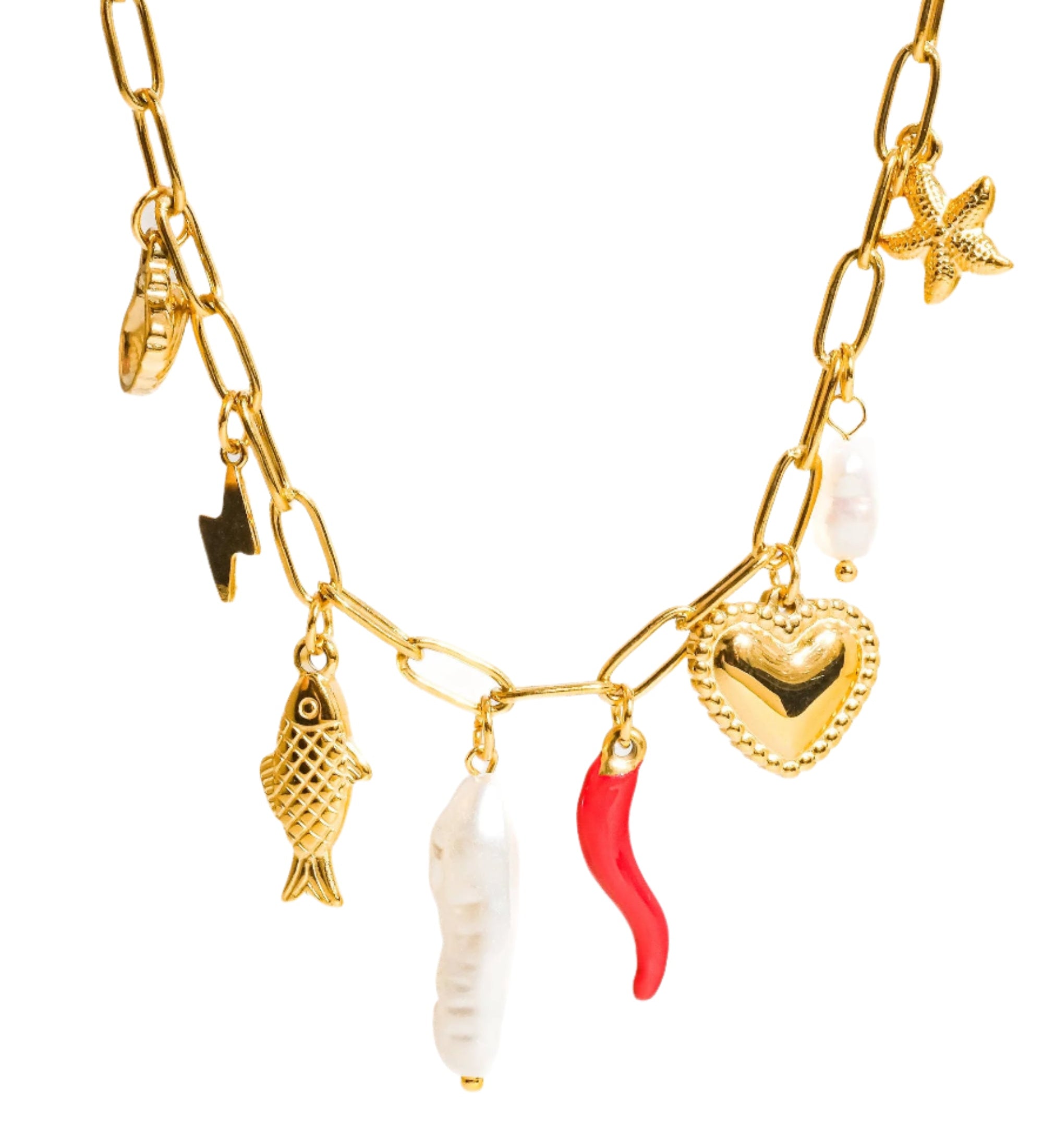 Delicate gold necklace featuring playful ocean-inspired charms—a fish and a pearl—on an 18K gold-plated stainless steel chain. Pendant measures 0.5 to 1.1 inches; chain is 17.7 inches with a 2-inch extender. Hypoallergenic, water- and tarnish-resistant—perfect worn solo or layered for a whimsical touch.