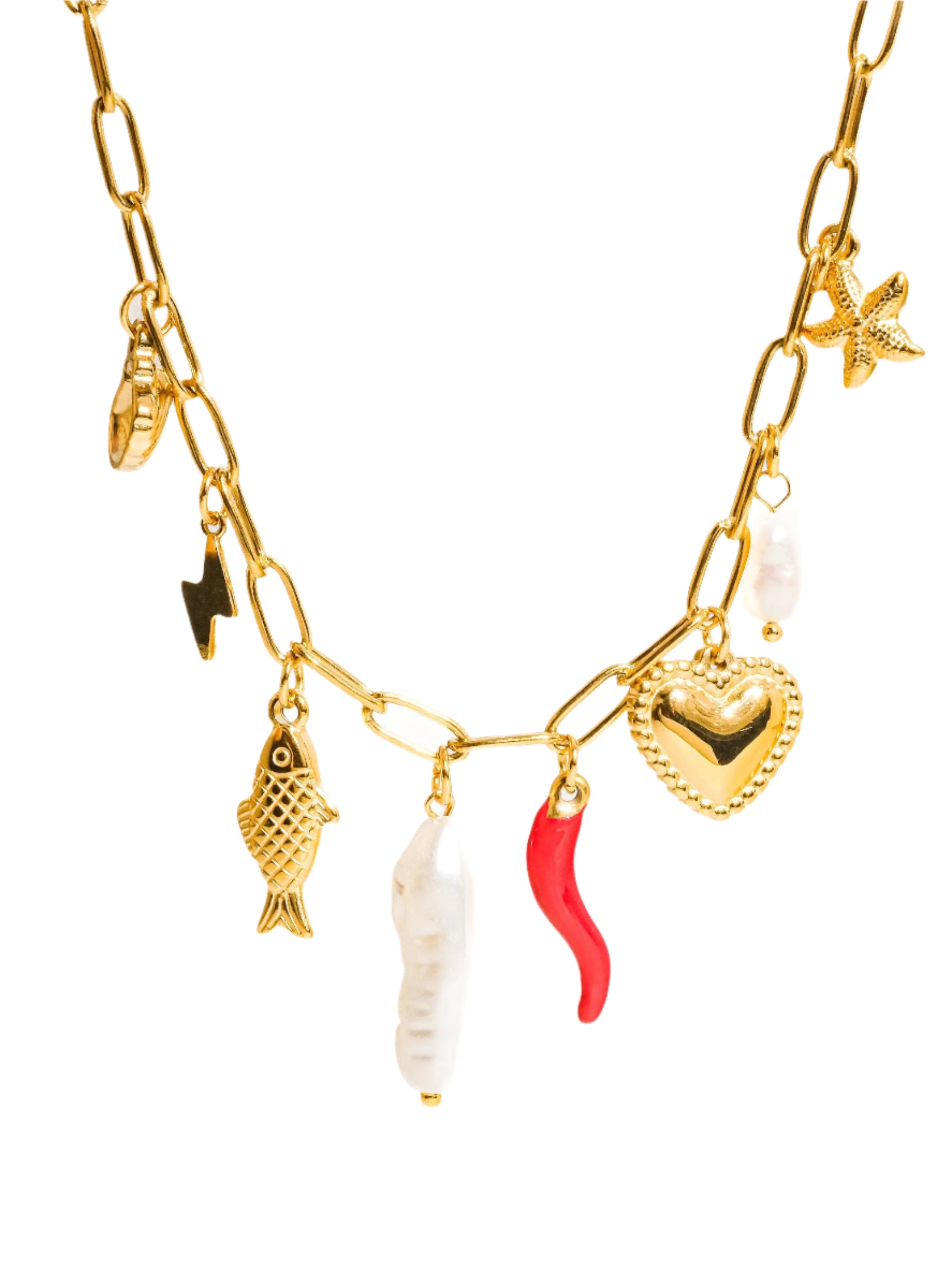 Delicate gold necklace featuring playful ocean-inspired charms—a fish and a pearl—on an 18K gold-plated stainless steel chain. Pendant measures 0.5 to 1.1 inches; chain is 17.7 inches with a 2-inch extender. Hypoallergenic, water- and tarnish-resistant—perfect worn solo or layered for a whimsical touch.