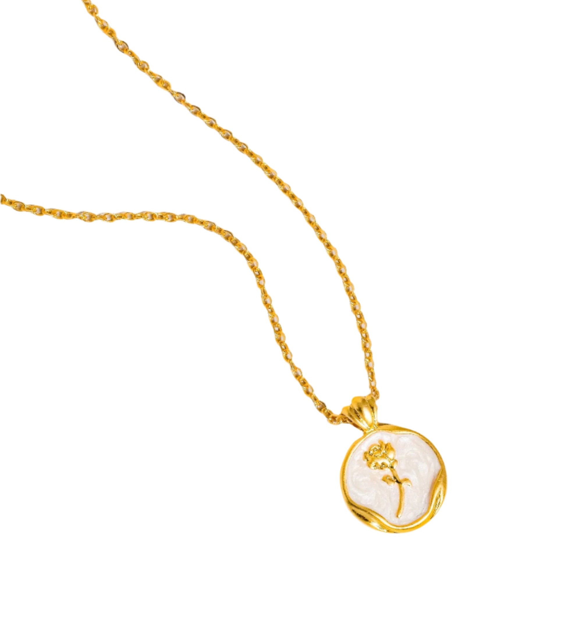 Delicate necklace crafted from 18K gold-plated brass, featuring a rose-engraved coin pendant (approx. 1.3cm diameter) on a fine chain measuring 40cm with a 5cm extender. Hypoallergenic, water- and tarnish-resistant—perfect for adding a timeless symbol of beauty and femininity to any look.
