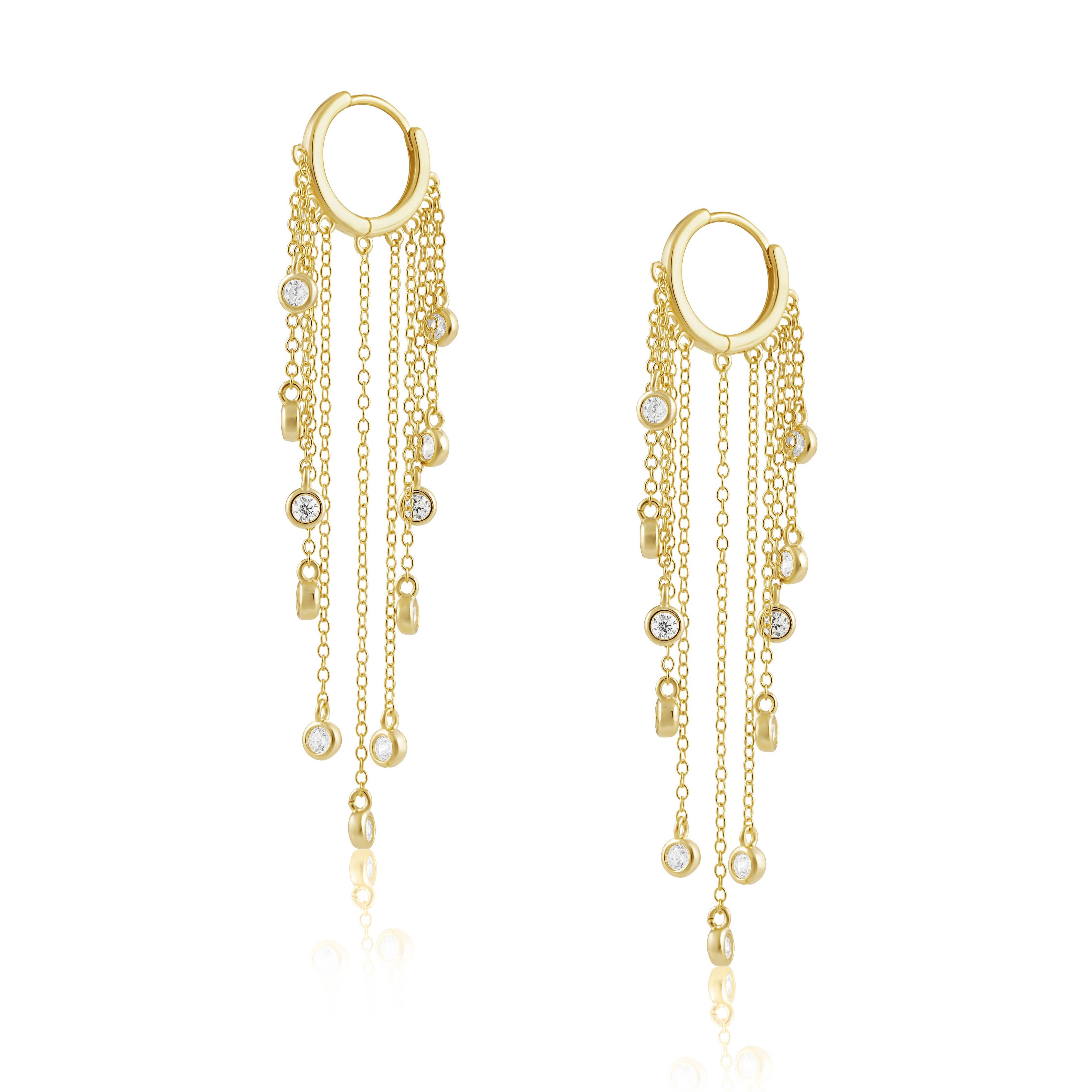 Gold earrings with chain designs on a white background