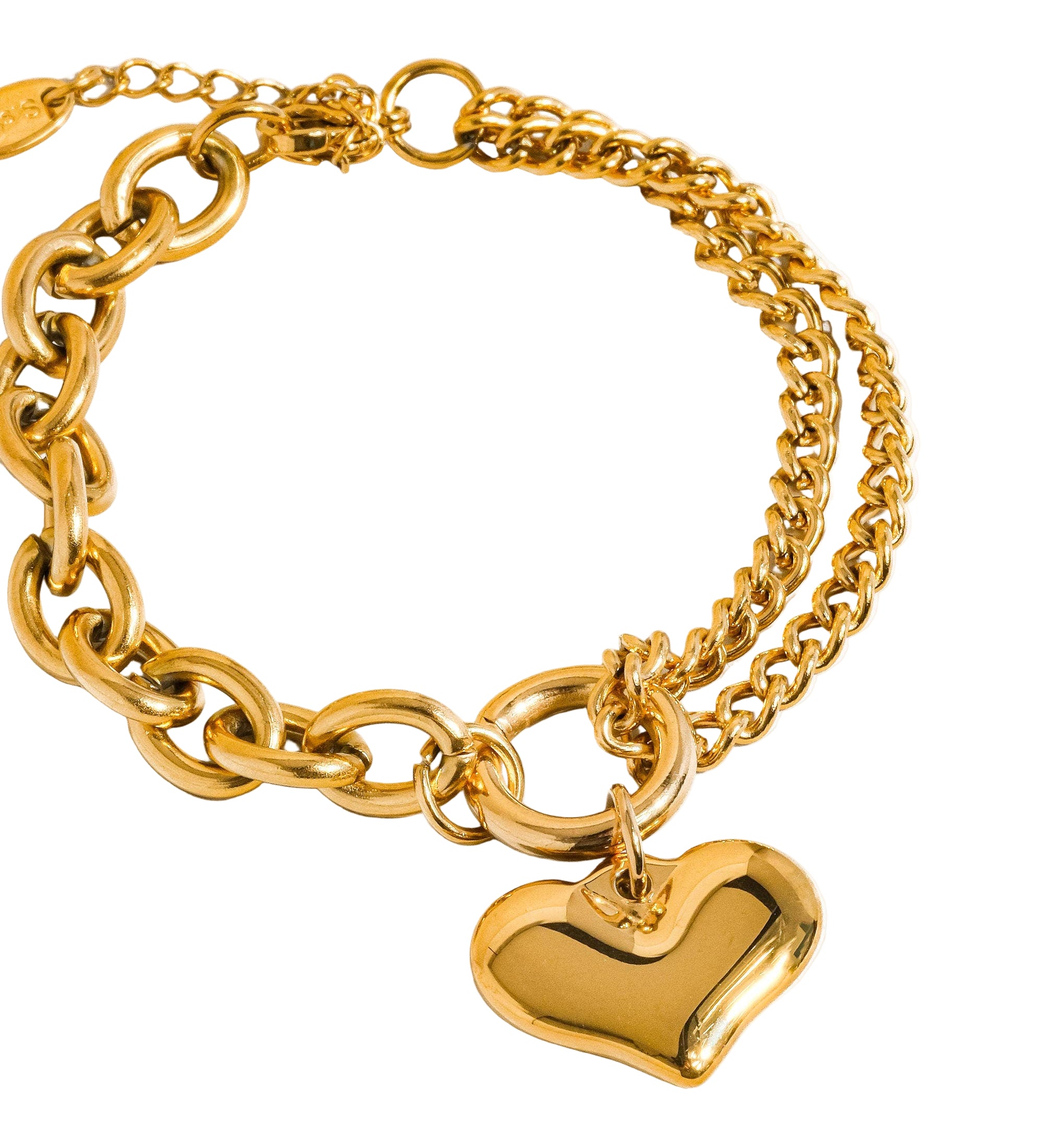 Delicate chain bracelet featuring polished heart-shaped links measuring 0.7 x 0.7 inches, crafted from 18K gold-plated stainless steel. Chain length 6 inches with a 1-inch extender. Non-tarnish, hypoallergenic, lead- and nickel-free, and water-resistant—perfect for adding romantic elegance to any look.