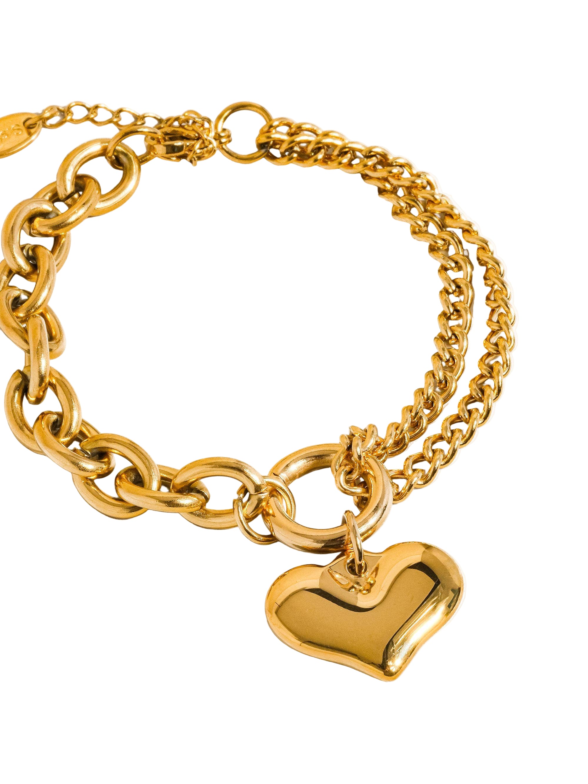 Delicate chain bracelet featuring polished heart-shaped links measuring 0.7 x 0.7 inches, crafted from 18K gold-plated stainless steel. Chain length 6 inches with a 1-inch extender. Non-tarnish, hypoallergenic, lead- and nickel-free, and water-resistant—perfect for adding romantic elegance to any look.