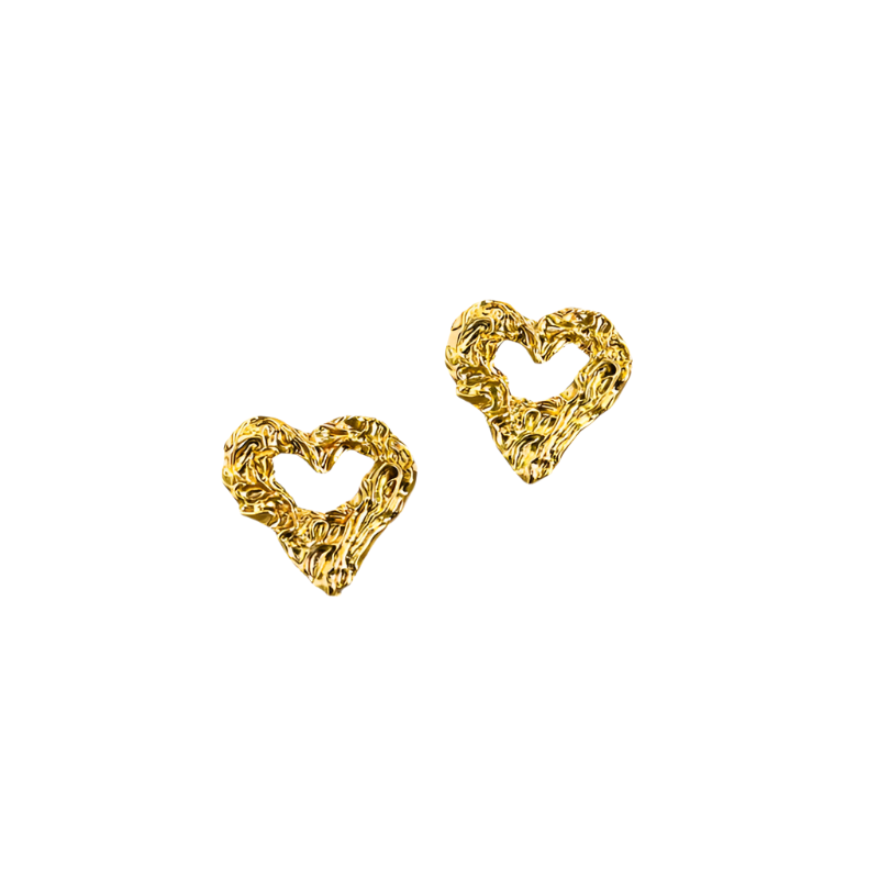 Sculpted heart stud earrings crafted from 18K gold PVD-plated stainless steel, featuring a unique textured design for added dimension and charm. Hypoallergenic, water- and tarnish-resistant—perfect for making a bold, romantic statement.