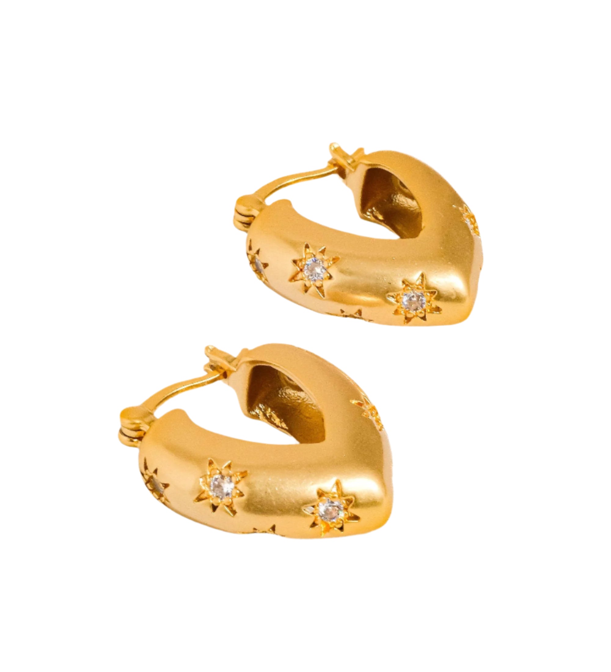 Heart-shaped hoop earrings crafted from 18K gold-plated brass, featuring a sparkling cubic zirconia star detail for celestial charm. Approx. 0.9 x 0.8 inches (2.3cm x 2cm). Hypoallergenic, water- and tarnish-resistant—perfect for adding timeless romance and radiant sparkle to any look.