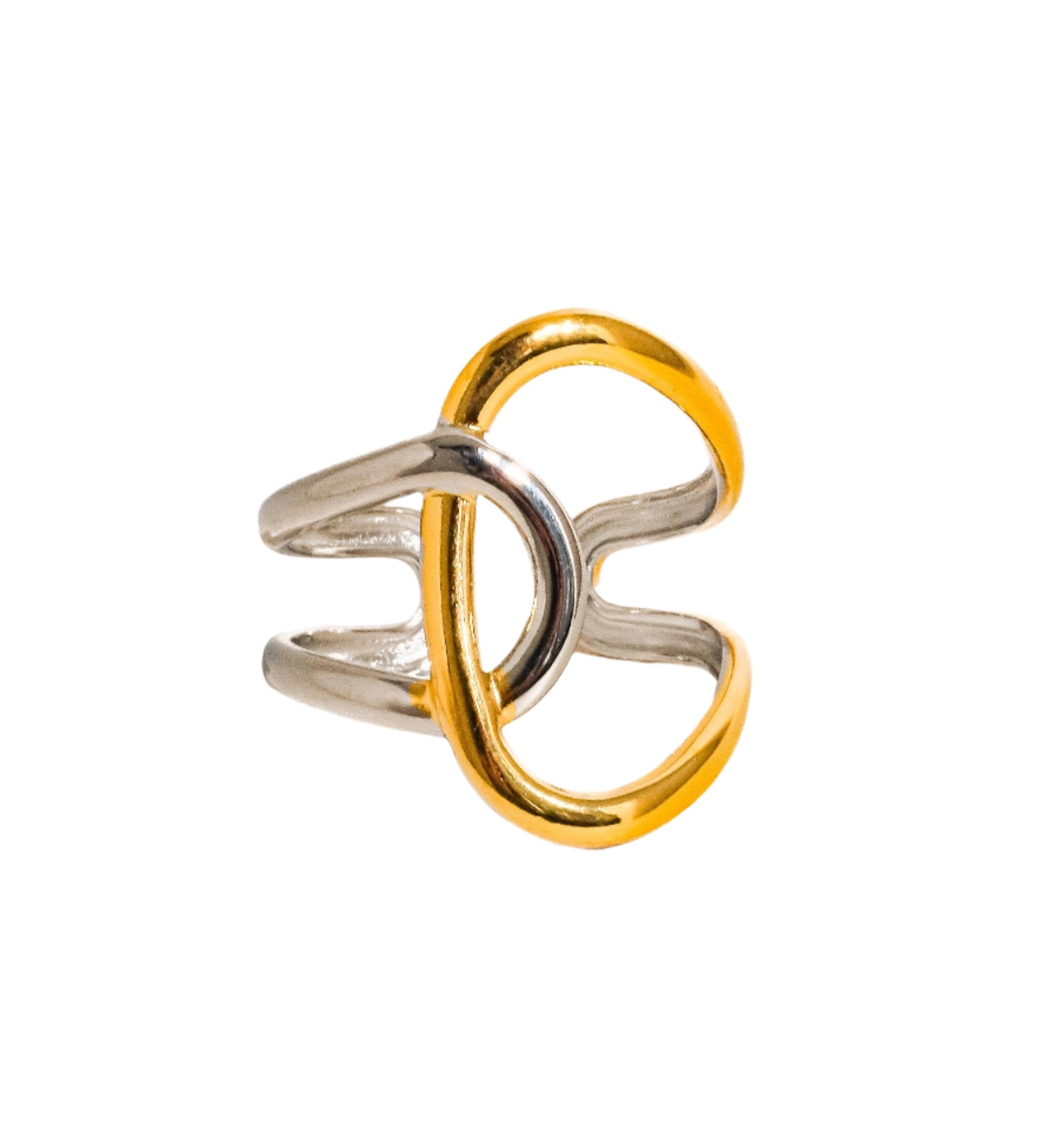 Contemporary statement ring crafted from stainless steel with 18K gold and silver plating, featuring an organic abstract shape in a modern two-tone finish. Hypoallergenic, nickel-free, water- and tarnish-resistant—perfect for adding artistic contrast and bold style to any look.