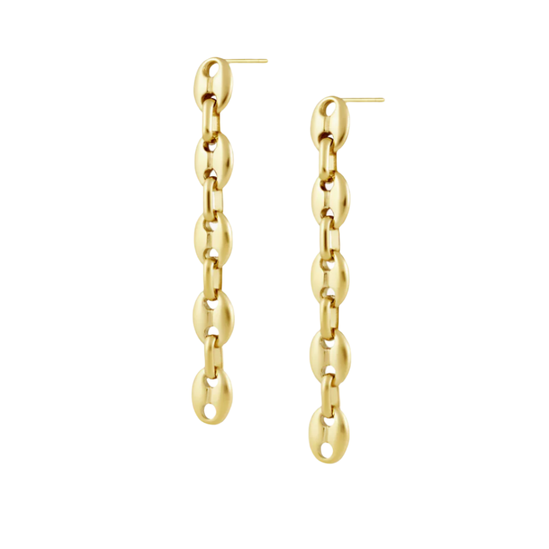 A pair of gold-plated link chain earrings dangle elegantly against a white background.