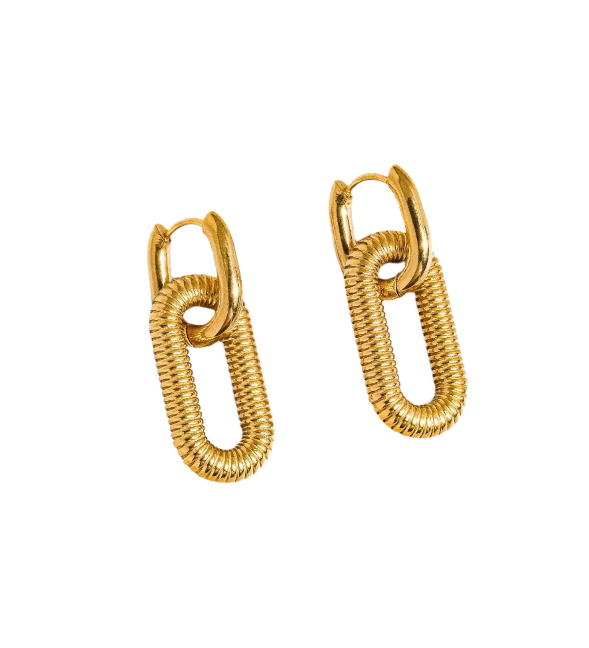Modern hoop earrings crafted from stainless steel with your choice of 18K gold or silver plating, featuring a double chain detail for added edge and sophistication. Hypoallergenic, water- and tarnish-resistant—perfect for making a bold yet refined statement in any jewellery rotation.