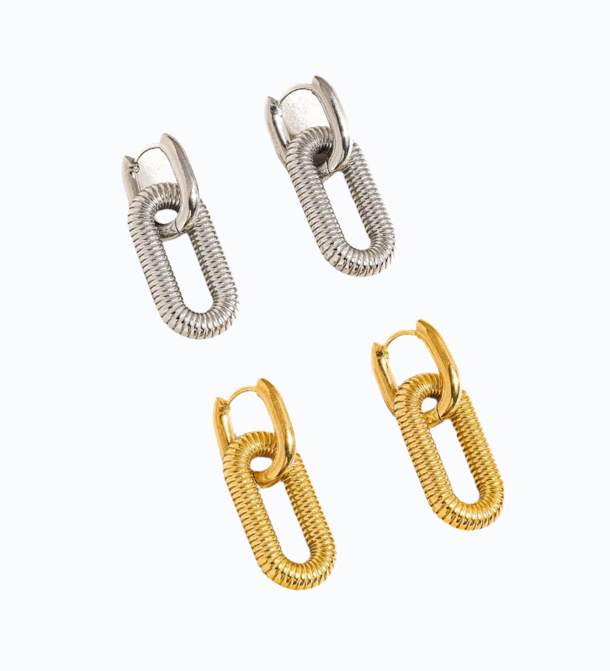 Modern hoop earrings crafted from stainless steel with your choice of 18K gold or silver plating, featuring a double chain detail for added edge and sophistication. Hypoallergenic, water- and tarnish-resistant—perfect for making a bold yet refined statement in any jewellery rotation.