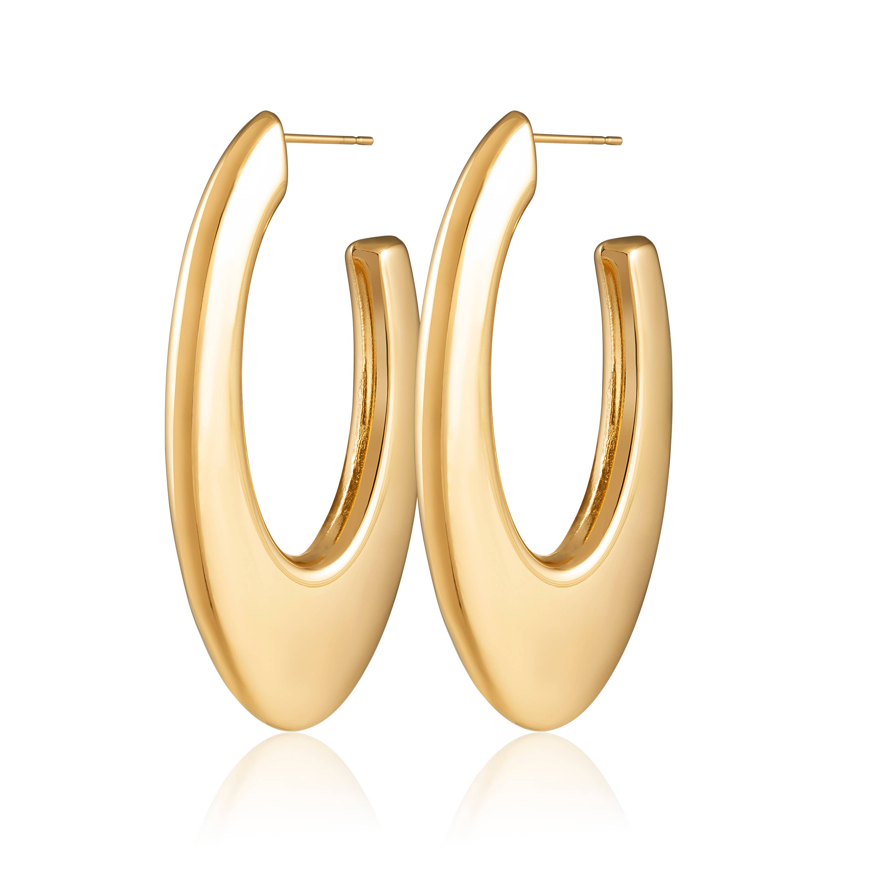 Bold sculptural hoop earrings with a thick oval silhouette and smooth, polished finish. Crafted from 18K gold-plated stainless steel, these hypoallergenic, water- and tarnish-resistant hoops make a confident statement—perfect for elevating everyday style or dressing up for a night out.