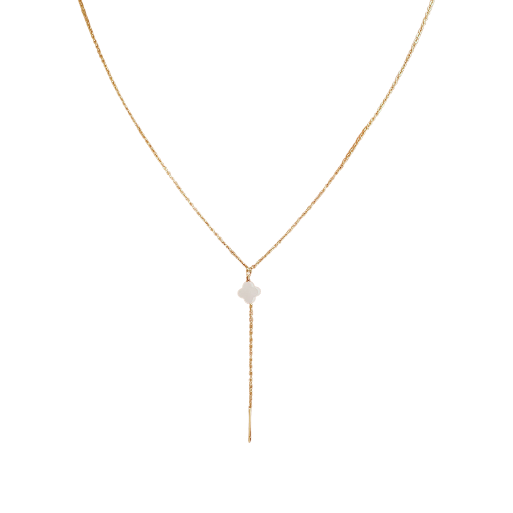 Delicate necklace crafted from fine stainless steel, featuring a white mother-of-pearl clover charm as a modern symbol of luck and elegance. Hypoallergenic, water- and tarnish-resistant—perfect for everyday wear or gifting someone special.