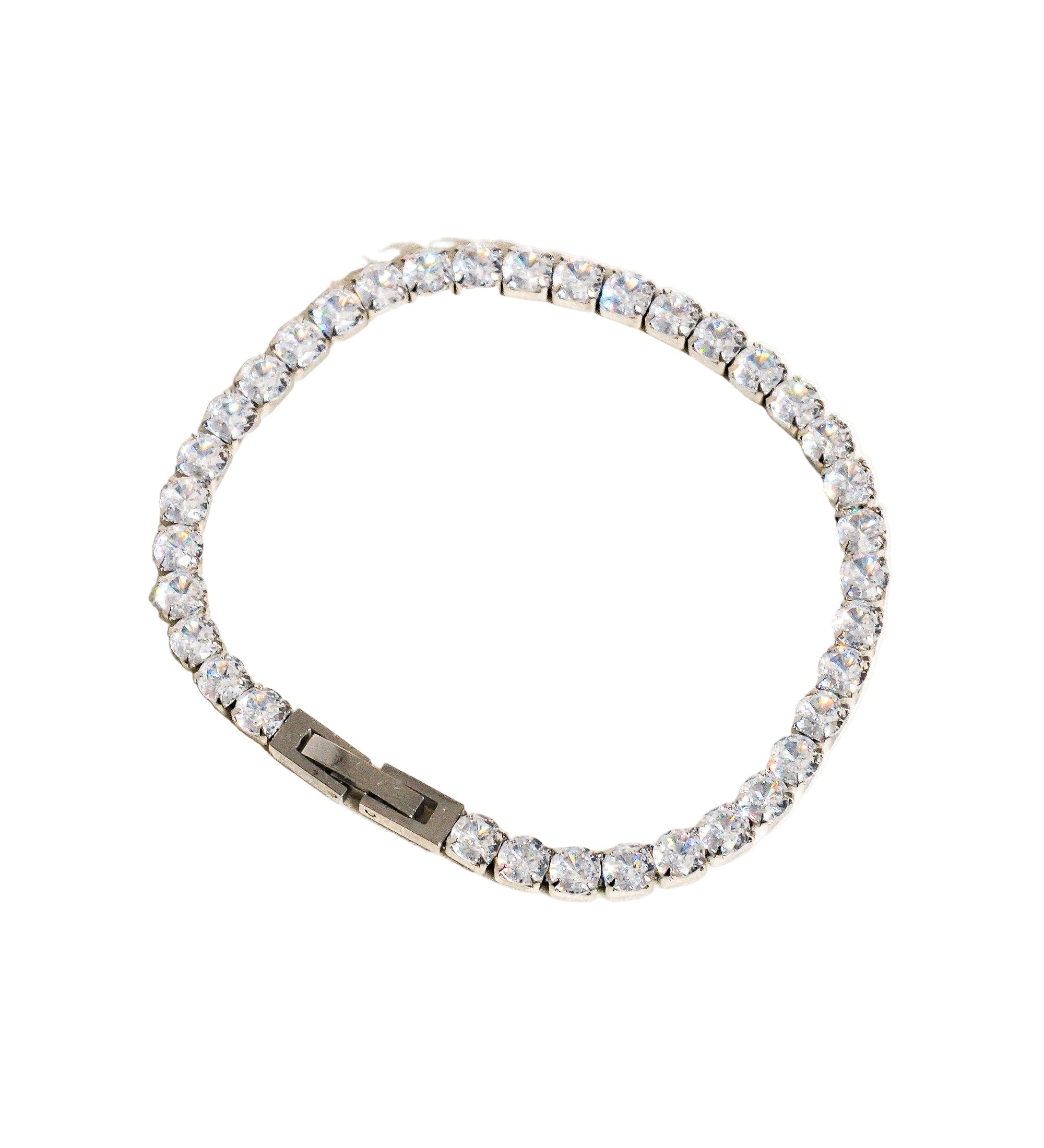 Elegant non-tarnish rhinestone bracelet made from stainless steel, featuring sparkling cubic zirconia stones along a 6-inch chain. Designed to be water-resistant, hypoallergenic, and free from lead and nickel, with a sleek and dressy style perfect for special occasions.
