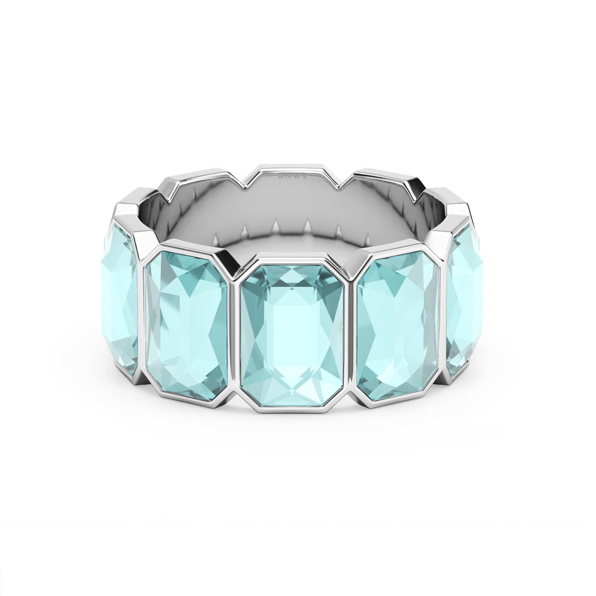 A Blue Seraphina Octagon Band Ring made of gold-plated stainless steel with clear octagon-cut crystals in a 9mm wide continuous band