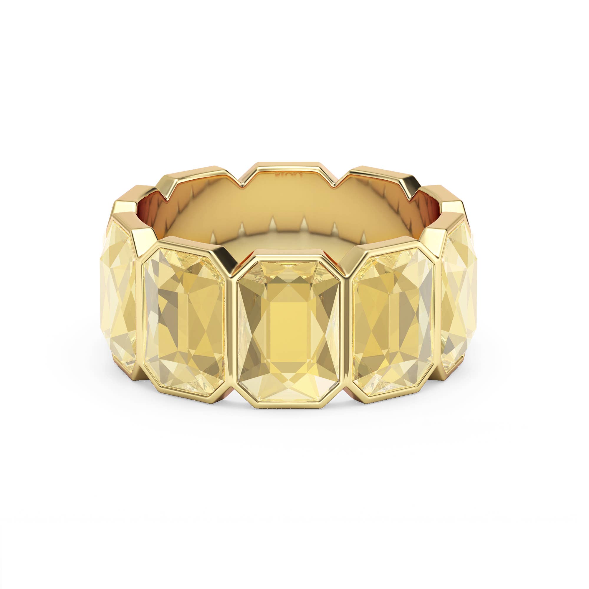 A Gold Seraphina Octagon Band Ring made of gold-plated stainless steel with clear octagon-cut crystals in a 9mm wide continuous band