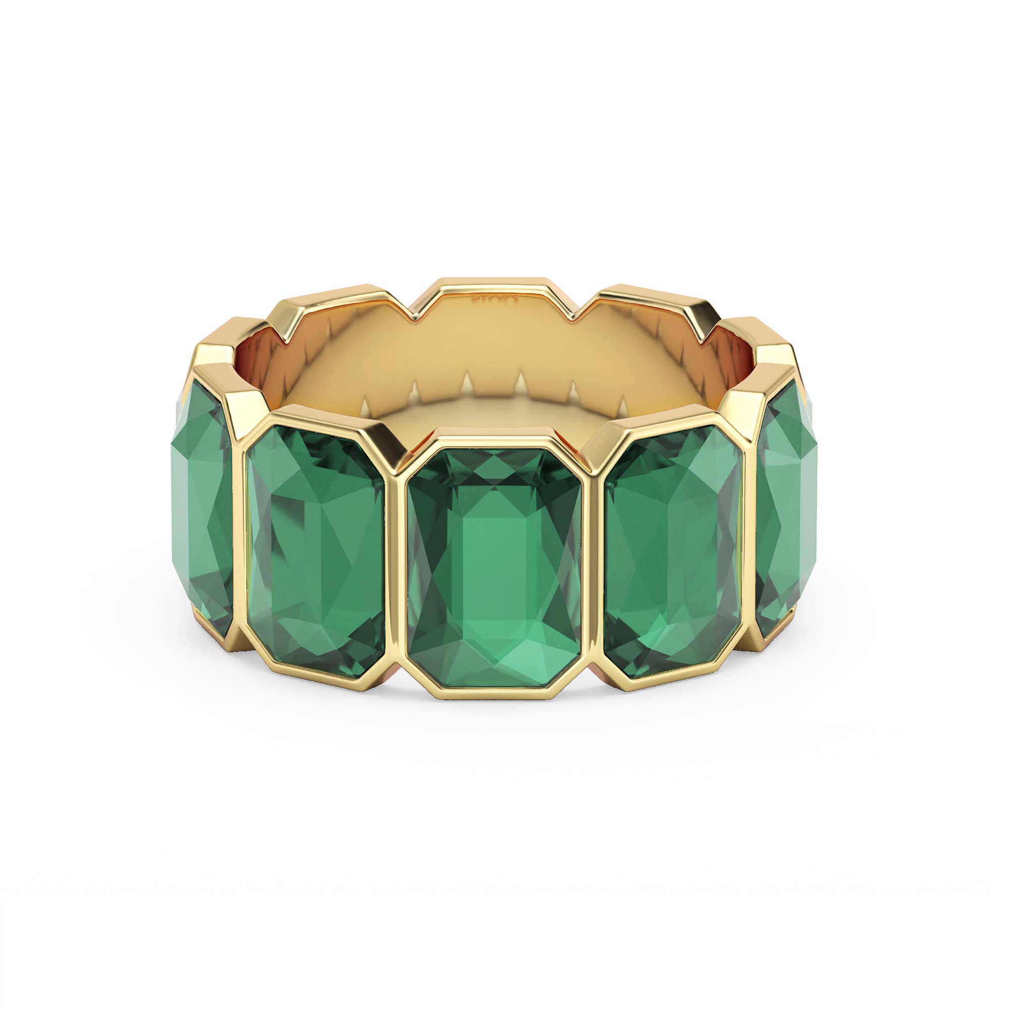 A Green Seraphina Octagon Band Ring made of gold-plated stainless steel with clear octagon-cut crystals in a 9mm wide continuous band