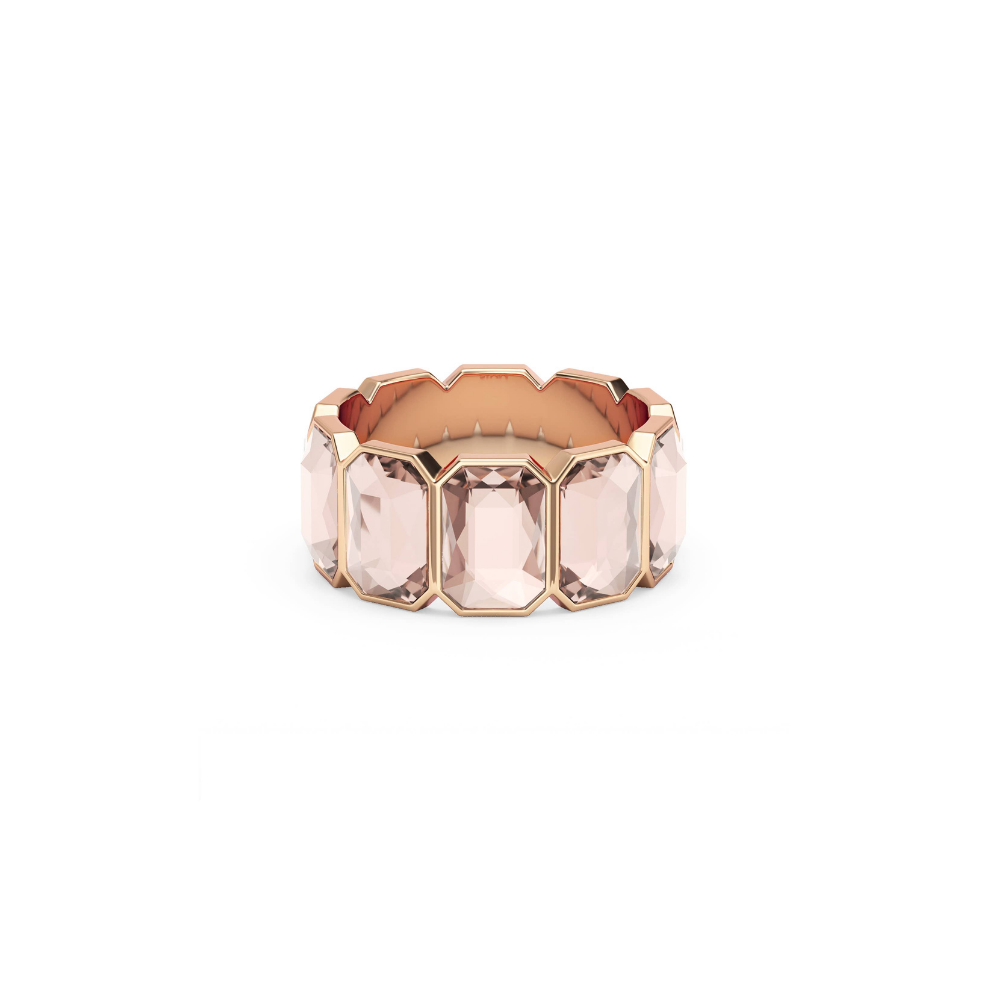 A Rose Gold Seraphina Octagon Band Ring made of gold-plated stainless steel with clear octagon-cut crystals in a 9mm wide continuous band