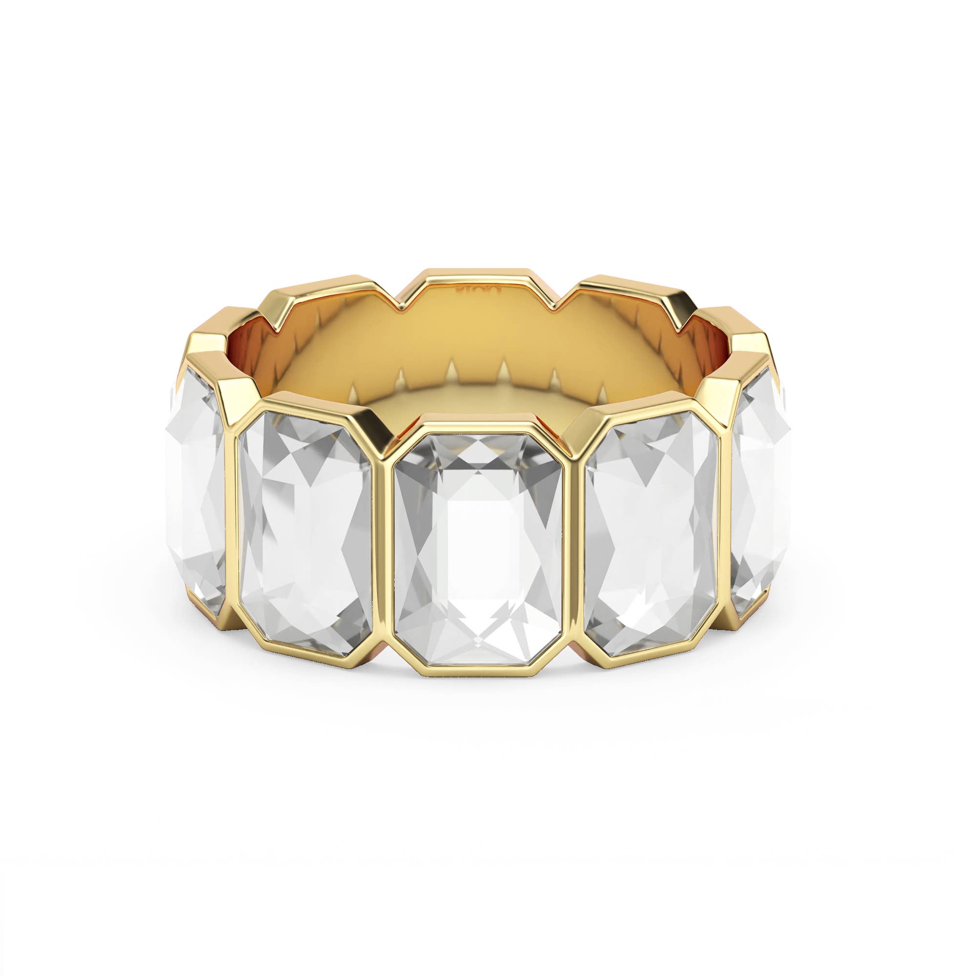 A White Seraphina Octagon Band Ring made of gold-plated stainless steel with clear octagon-cut crystals in a 9mm wide continuous band