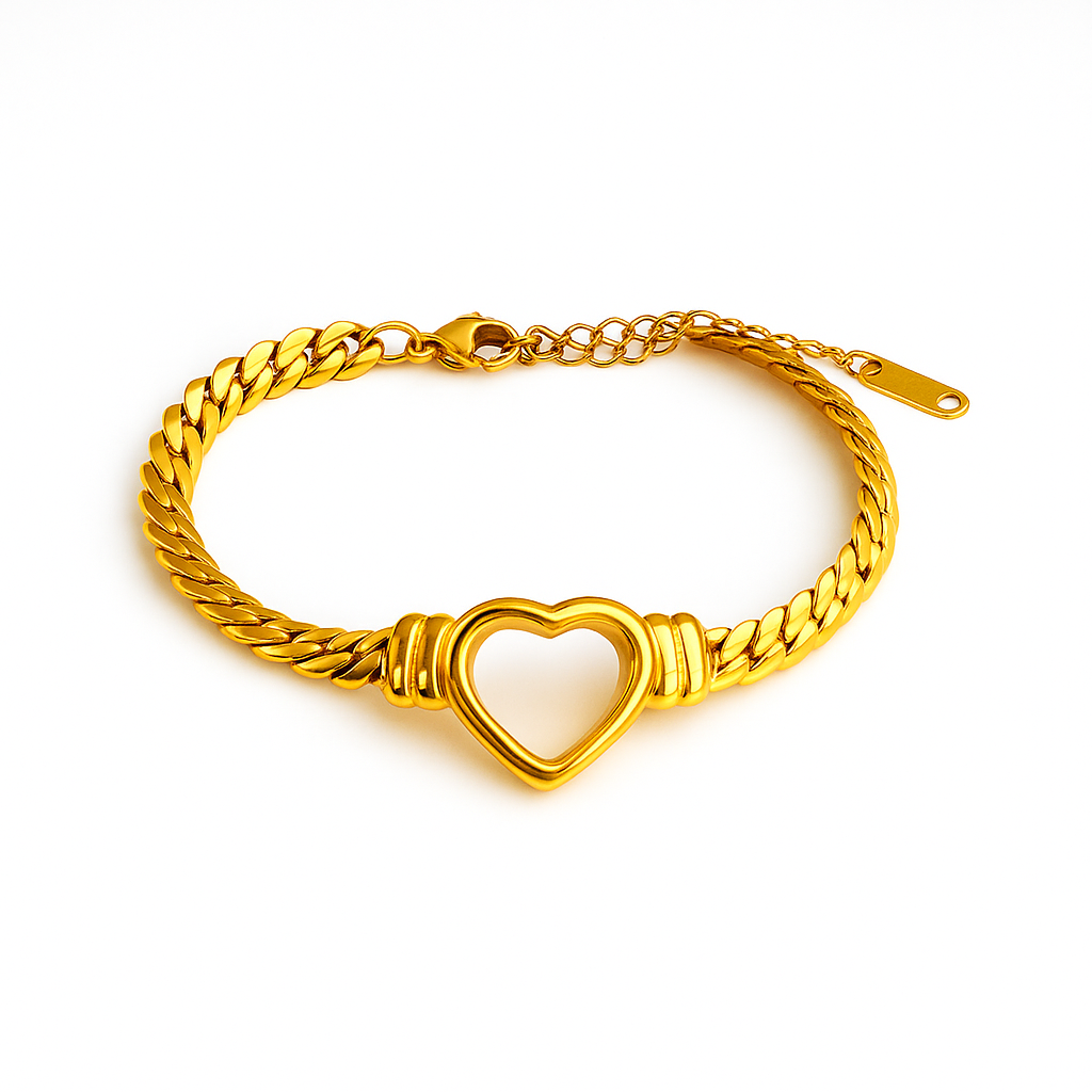 Snake chain bracelet crafted from 14K gold-plated stainless steel with a radiant finish, featuring a delicate heart pendant as a symbol of love and elegance. Hypoallergenic, water- and tarnish-resistant—perfect for adding modern charm and timeless durability to any look.