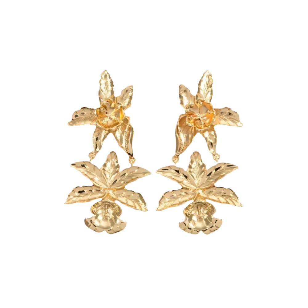 Statement earrings crafted from stainless steel with premium 18K gold plating, featuring a bold sculpted flower motif. Hypoallergenic, nickel-free, water- and tarnish-resistant—perfect for adding floral elegance and standout charm to any outfit.