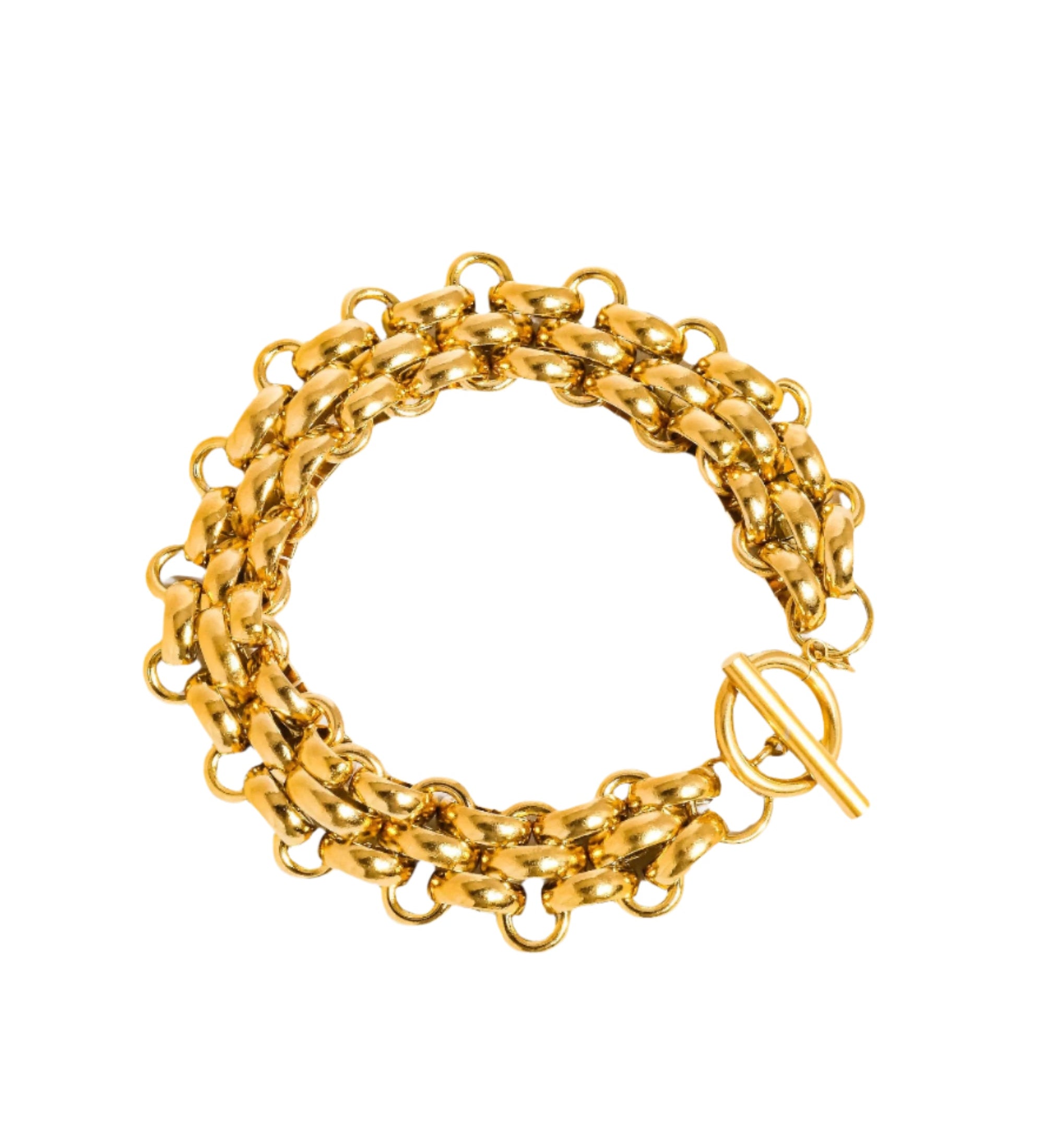 Striking bracelet crafted from stainless steel with 18K gold plating, featuring a bold weave pattern for a contemporary, textured look. Chain length 7.09 inches. Hypoallergenic, water- and tarnish-resistant—perfect for adding luxe sophistication and strength to any ensemble.