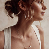 Threader earrings crafted from sterling silver, featuring luminous natural pearls for a delicate, timeless look. Designed to be worn long or threaded shorter, perfect for layering or standalone elegance. Hypoallergenic—ideal for bridal style or everyday sophistication.