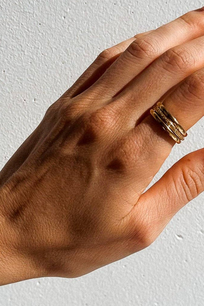 Three Sisters Stacking Ring Set features a trio of sleek & textured 18K gold-plated rings. Waterproof, hypoallergenic