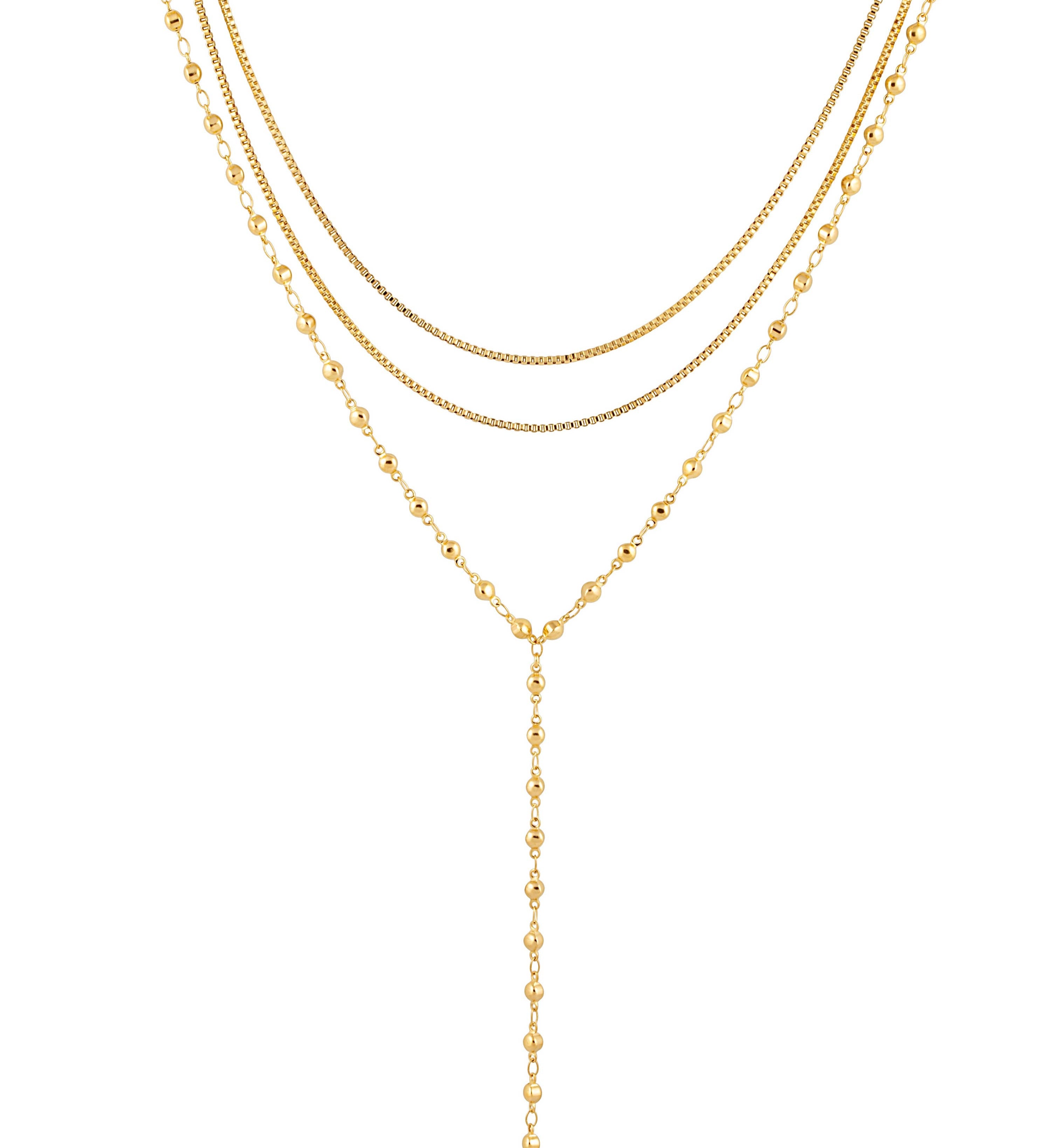 Three-in-one layered necklace featuring mixed textures and an adjustable fit for effortless styling. Crafted from 18K gold-plated stainless steel, this hypoallergenic, water- and tarnish-resistant piece offers a polished, stacked look in a single easy-to-wear design—perfect for elevating everyday outfits.