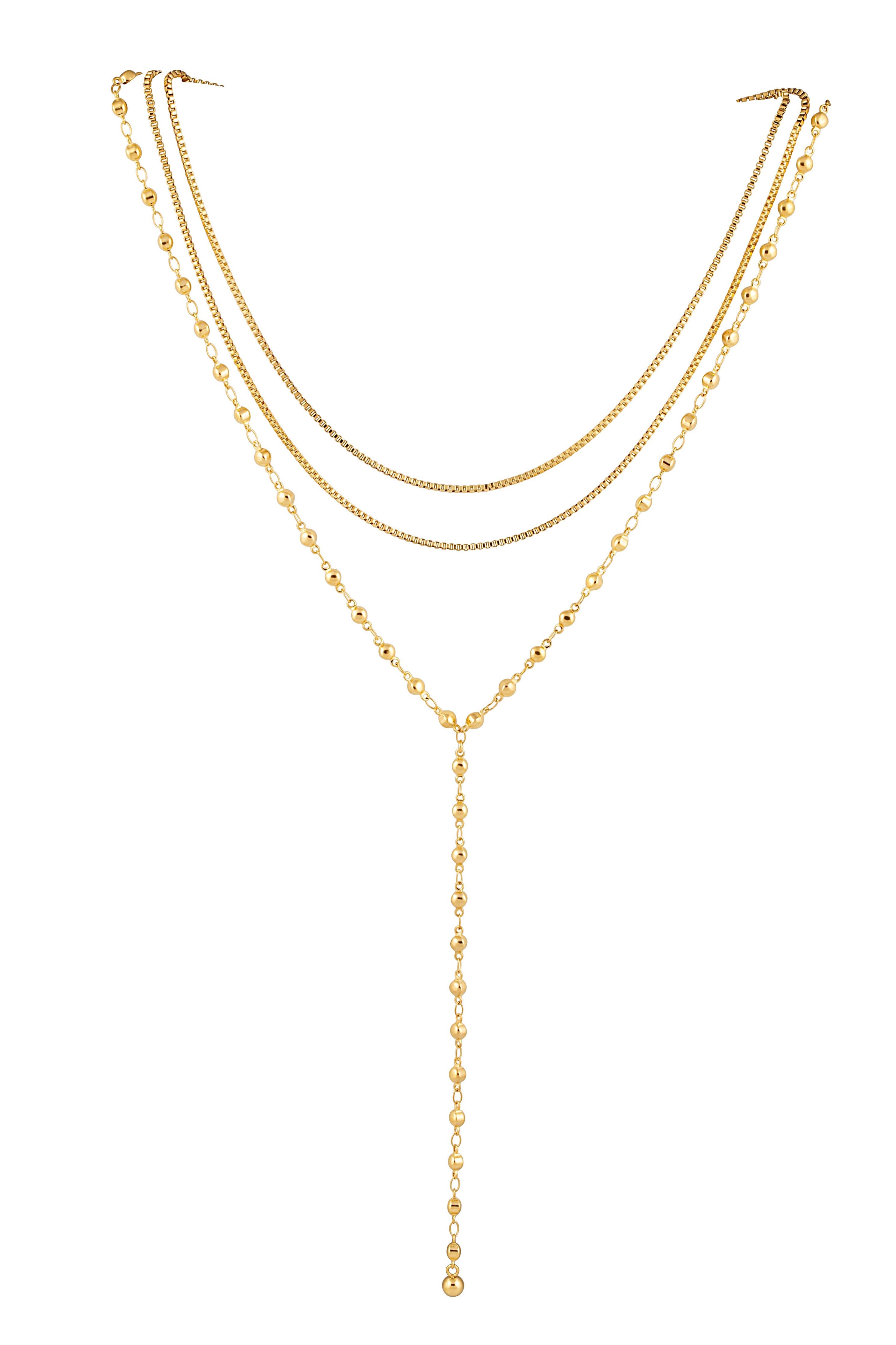 Three-in-one layered necklace featuring mixed textures and an adjustable fit for effortless styling. Crafted from 18K gold-plated stainless steel, this hypoallergenic, water- and tarnish-resistant piece offers a polished, stacked look in a single easy-to-wear design—perfect for elevating everyday outfits.