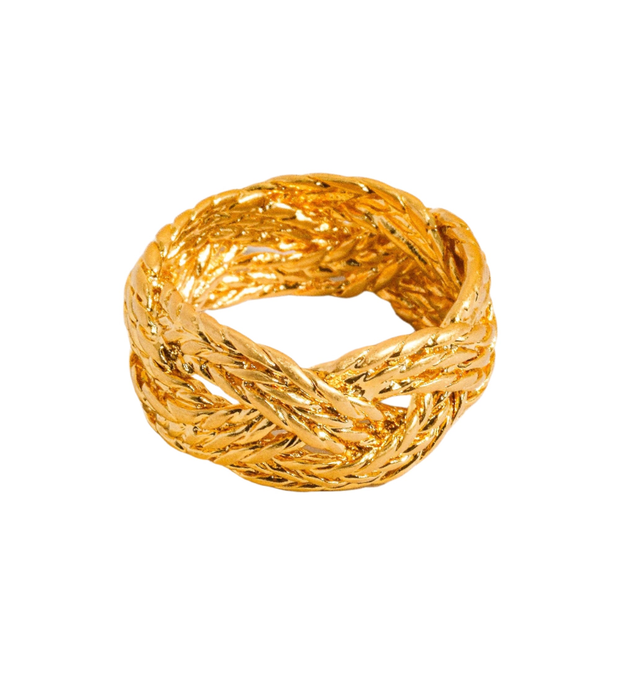 Sculptural vintage-inspired ring with a polished gold twist design, crafted from 18K gold-plated brass. Sized at US 7 (0.682" diameter), this hypoallergenic, water- and tarnish-resistant piece blends timeless charm with everyday wearability.