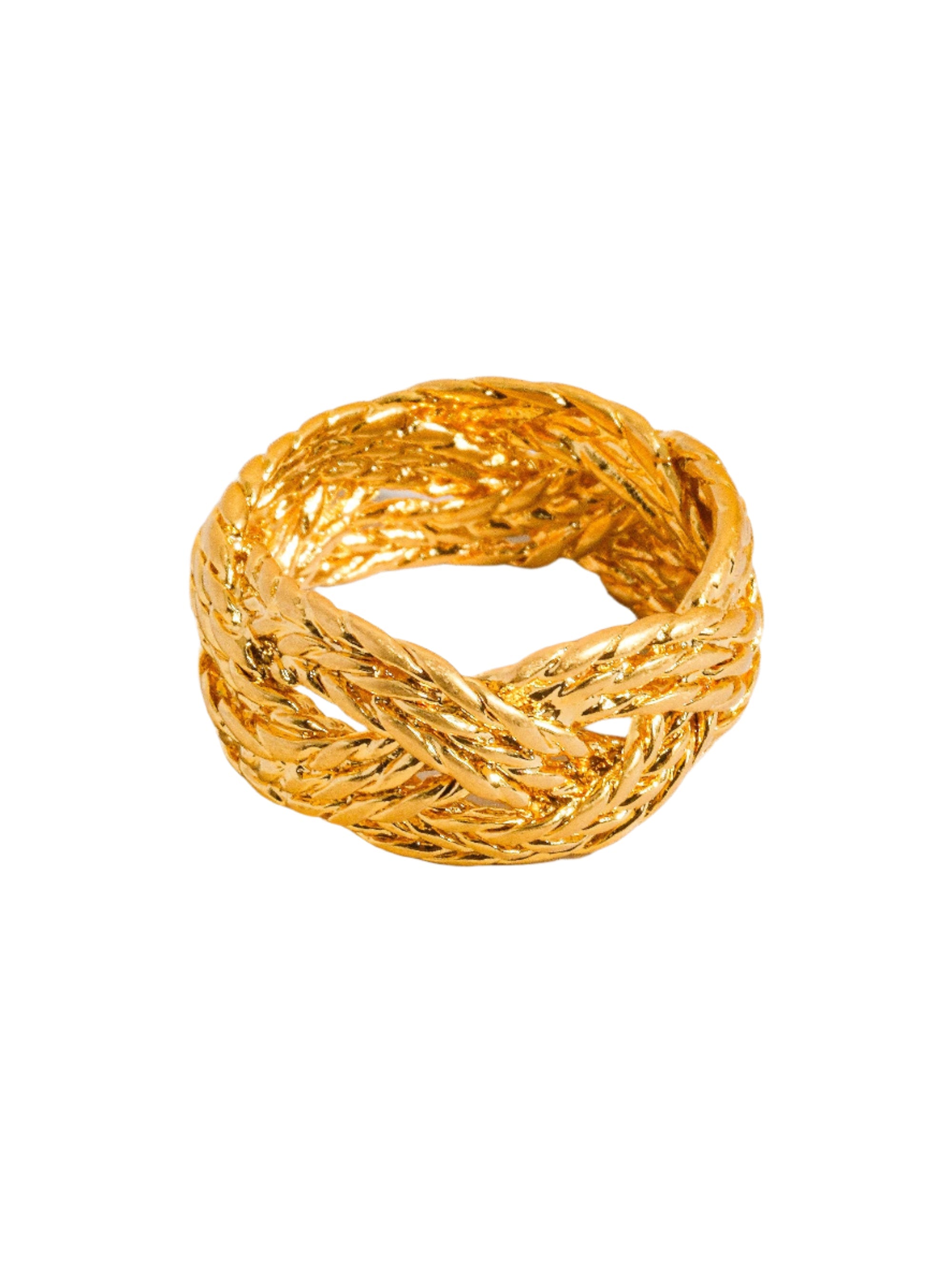 Sculptural vintage-inspired ring with a polished gold twist design, crafted from 18K gold-plated brass. Sized at US 7 (0.682" diameter), this hypoallergenic, water- and tarnish-resistant piece blends timeless charm with everyday wearability.