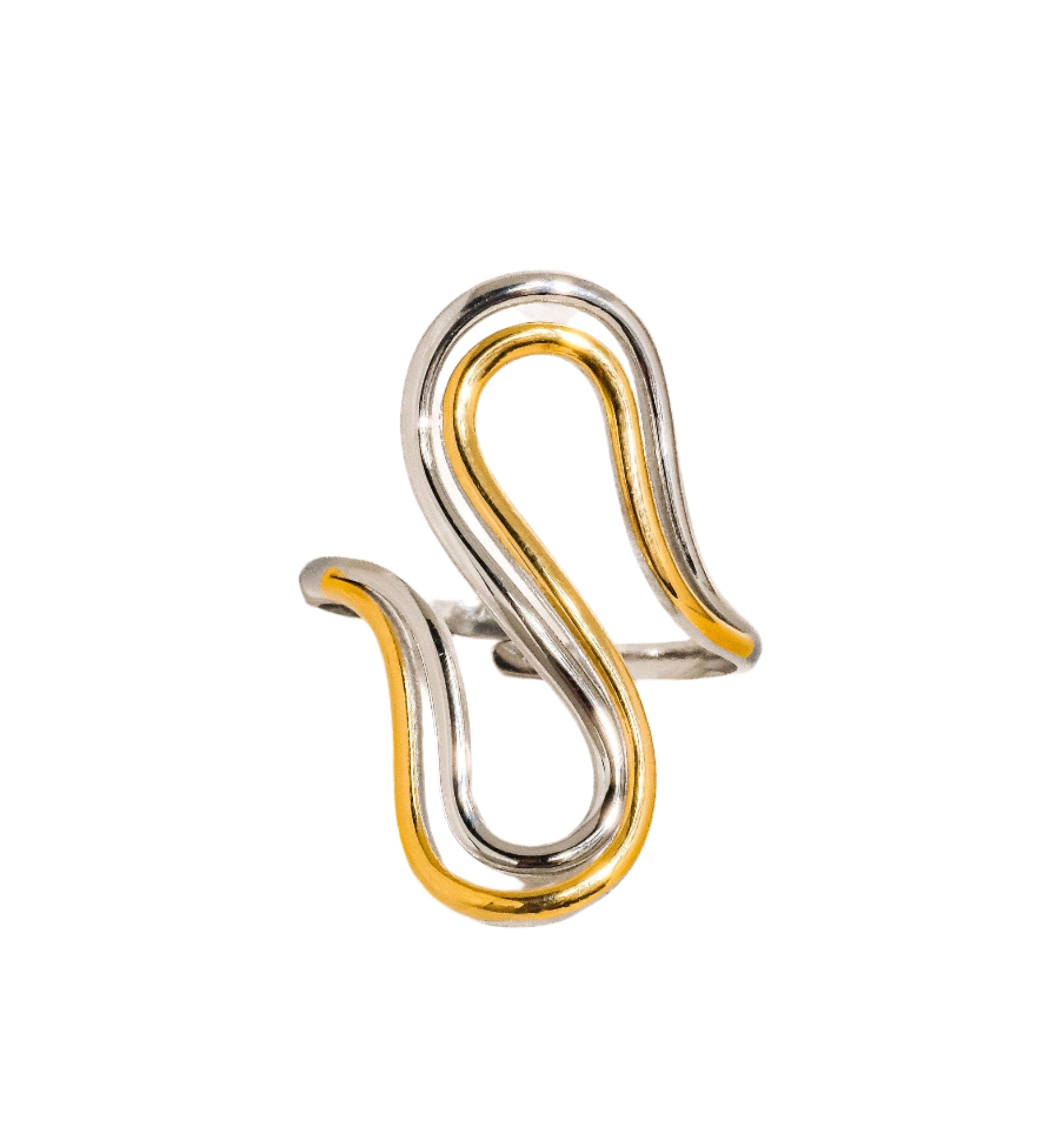 Artistic two-tone ring with a sculptural silhouette, fluid curves, and modern asymmetry. Crafted from 18K gold-plated stainless steel in US size 7 (0.682" diameter). Hypoallergenic, water- and tarnish-resistant—ideal as a bold solo piece or stacked for contrast.