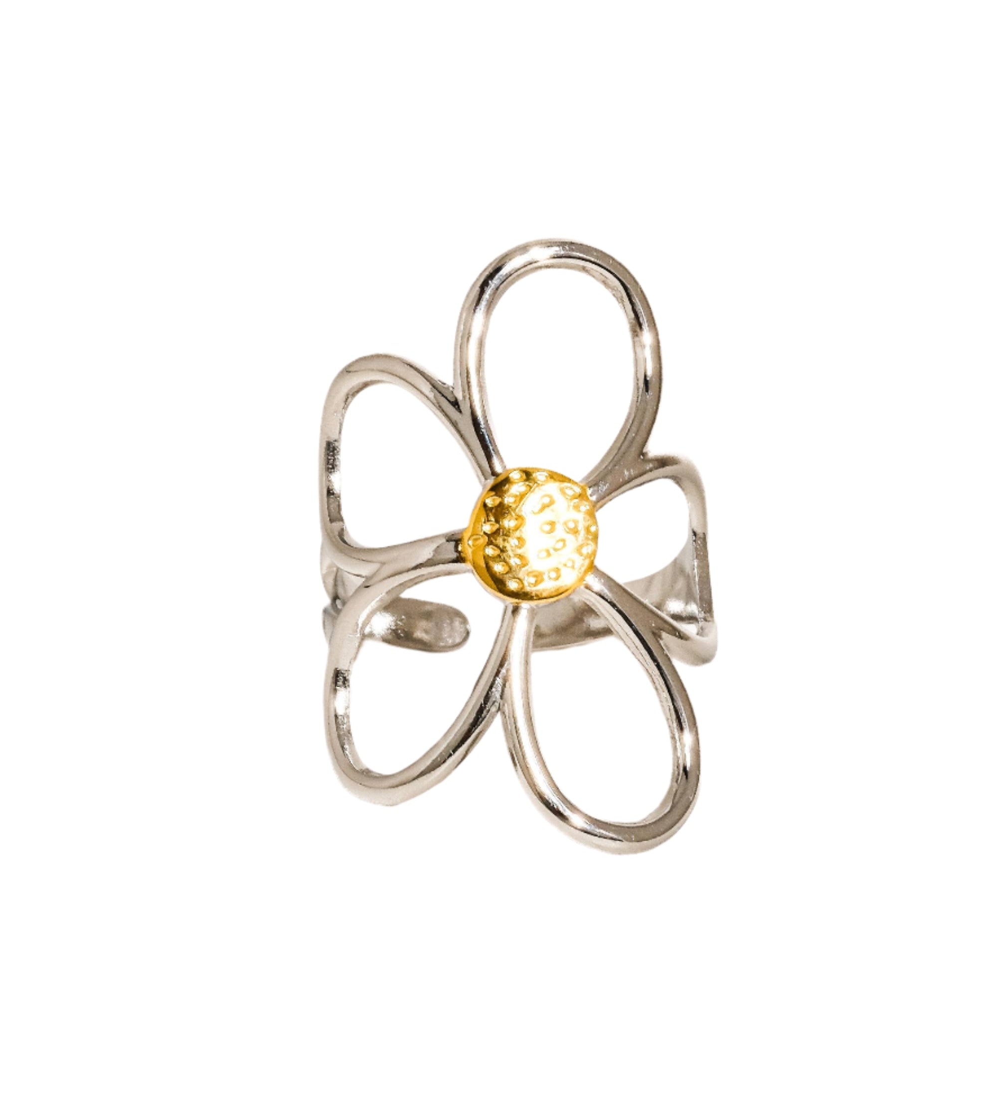 Sculptural floral ring featuring wide silver petals wrapped in radiant gold, creating a dimensional, nature-inspired design. Crafted from 18K gold and silver plated stainless steel in US size 7 (0.682" diameter). Hypoallergenic, water- and tarnish-resistant—an elegant blend of artistry and everyday wear.